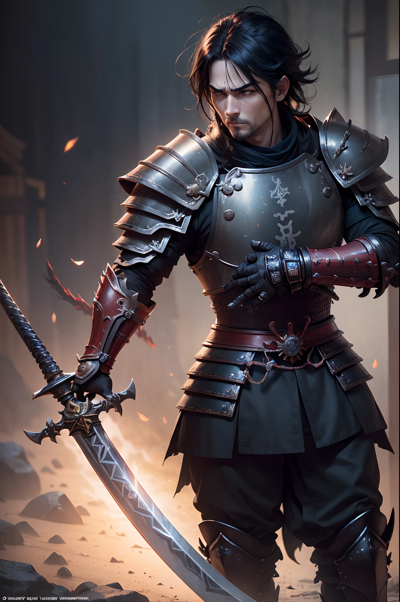 Boys in 8K resolution(full body Esbian:1.3)shots、splashart、Great cartoon style、Photorealistic boy Japan samurai appearance、Anatomical Photorealistic Digital Painting(shoun:1.3)Portrait of a boy(samurais:1.3)Black Japan Samurai Armor Complex(heavily armored:1.3)A dark-haired(Dark and moody universe:1.3)、Black clothe,light particules、highlydetailed skin、Demon Slayer、extremely detailed eye、 (Elden Ring-style:1.1)、(warhammer style:1.3)、Concept Artist、globalillumination、depth of fields、splashart、art by:ArtGerm、by Greg Rutkowsky、viktoria gavrilenko,Has a very large sword,Big sword in hand,japanese samurai,