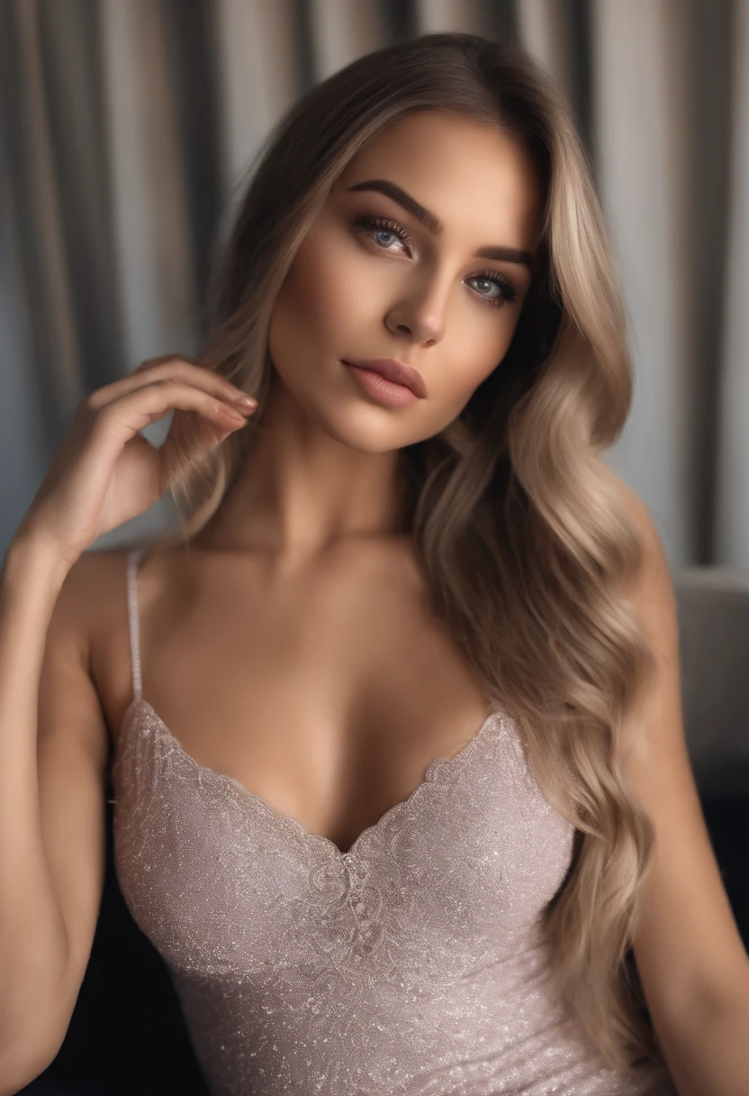 arafed woman fully , sexy girl with blue eyes, ultra realistic, meticulously detailed, portrait sophie mudd, blonde hair and large eyes, selfie of a young woman, bedroom eyes, violet myers, without makeup, natural makeup, looking directly at the camera, face with artgram, subtle makeup, stunning full body shot kneeling on bed, in bedroom, medium to large size bust