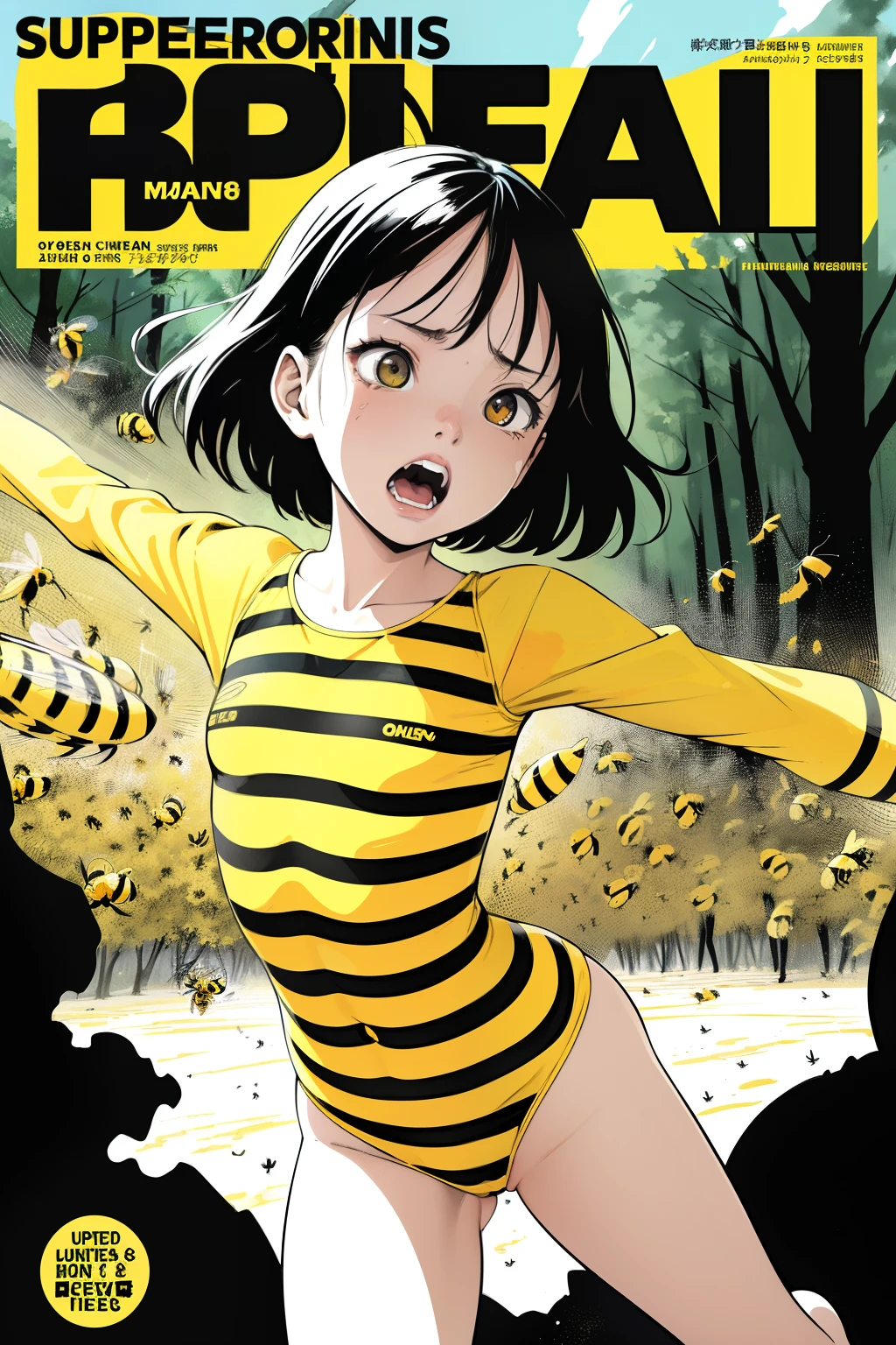 (superflat, flat shading, flat colors:1.1),(magazine cover), illustrations, manga, 1girl, li, petite, yellow black striped swimsuit, (attacked by bees), running away, scare, screaming, emotional, dynamic pose, forest in background, volumetric lighting, soft light, bright, colorful, watercolor