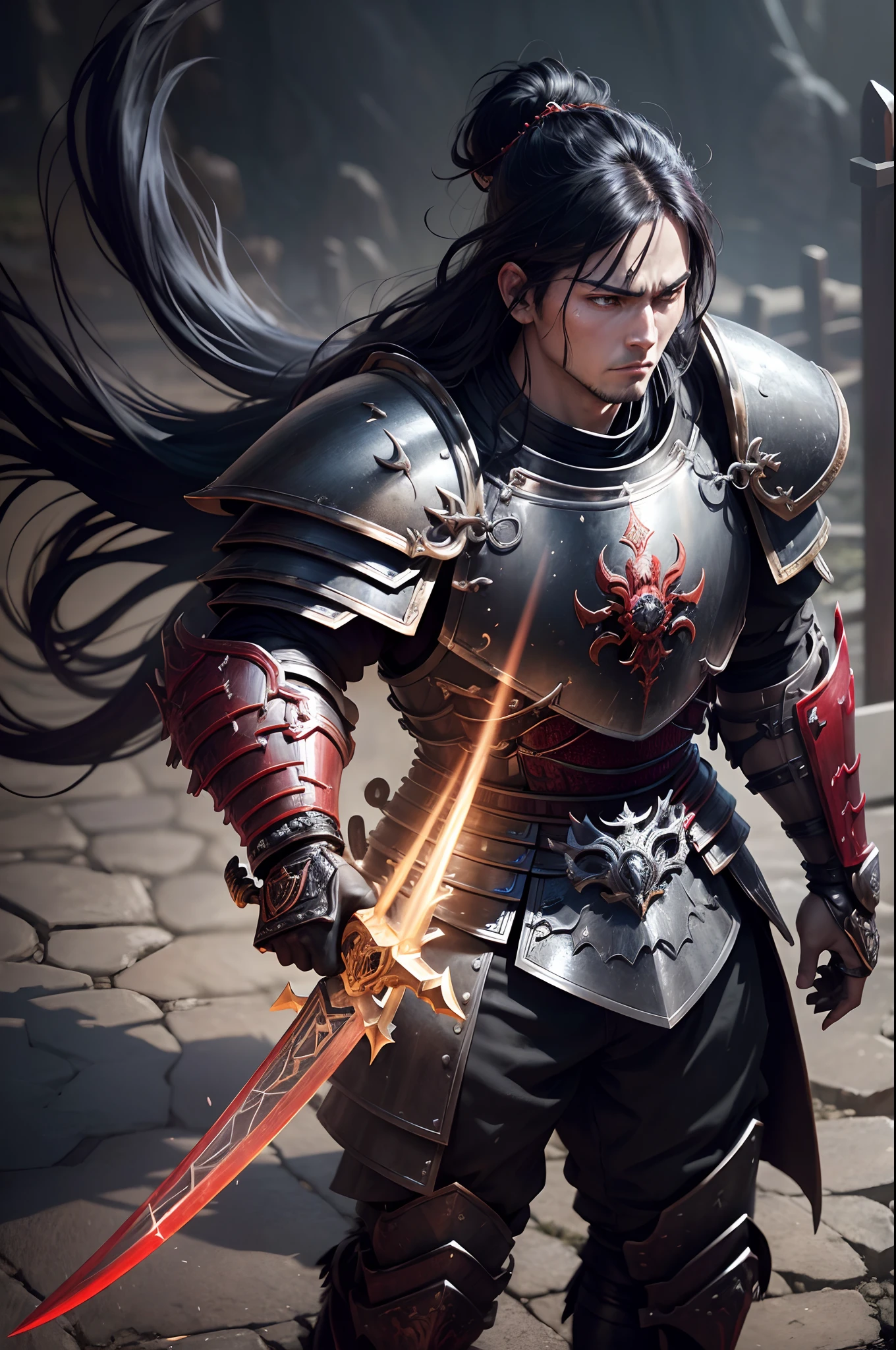 Boys in 8K resolution(full body Esbian:1.3)shots、splashart、Great cartoon style、Photorealistic boy Japan samurai appearance、Anatomical Photorealistic Digital Painting(shoun:1.3)Portrait of a boy(samurais:1.3)Black Japan Samurai Armor Complex(heavily armored:1.3)A dark-haired(Dark and moody universe:1.3)、Black clothe,light particules、highlydetailed skin、Demon Slayer、extremely detailed eye、 (Elden Ring-style:1.1)、(warhammer style:1.3)、Concept Artist、globalillumination、depth of fields、splashart、art by:ArtGerm、by Greg Rutkowsky、viktoria gavrilenko,Has a very large sword,Big sword in hand,japanese samurai,
