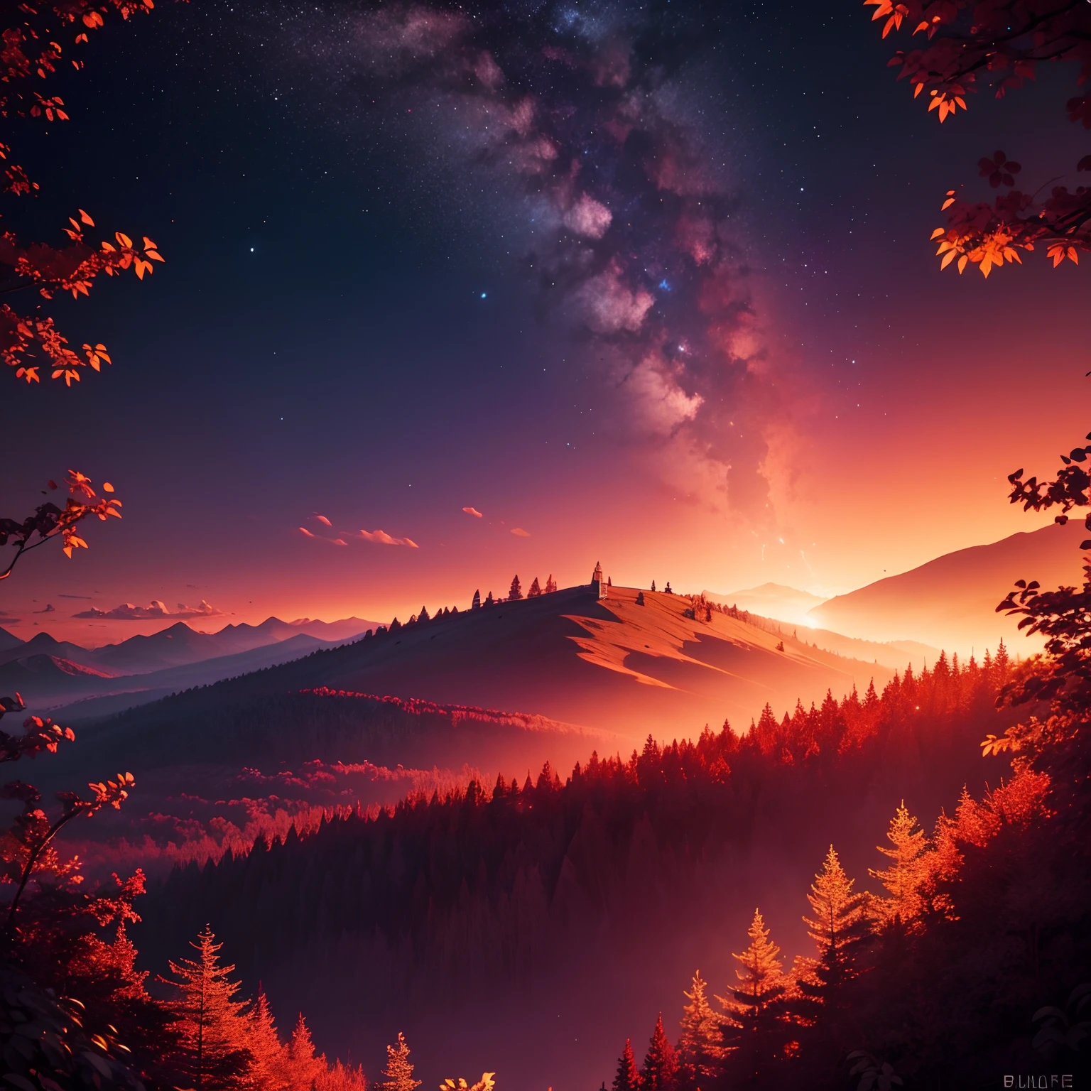 Twilight of the Gods, brilhante, dark floresta, noite, Scarlet sunset, glittering particles, scenecy, (Vast gradient skies:1.05), (montanhas:0.8), papel de parede para celular