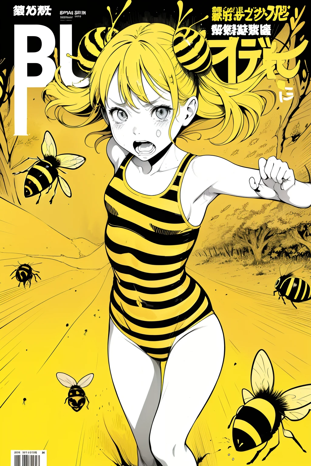 (superflat, flat shading, flat colors:1.1),(magazine cover), 1girl, , petite, yellow black striped swimsuit, (attacked by bees), running away, scare, screaming, emotional, dynamic pose, forest in background, blue sky, volumetric lighting, soft light, bright, colorful, watercolor