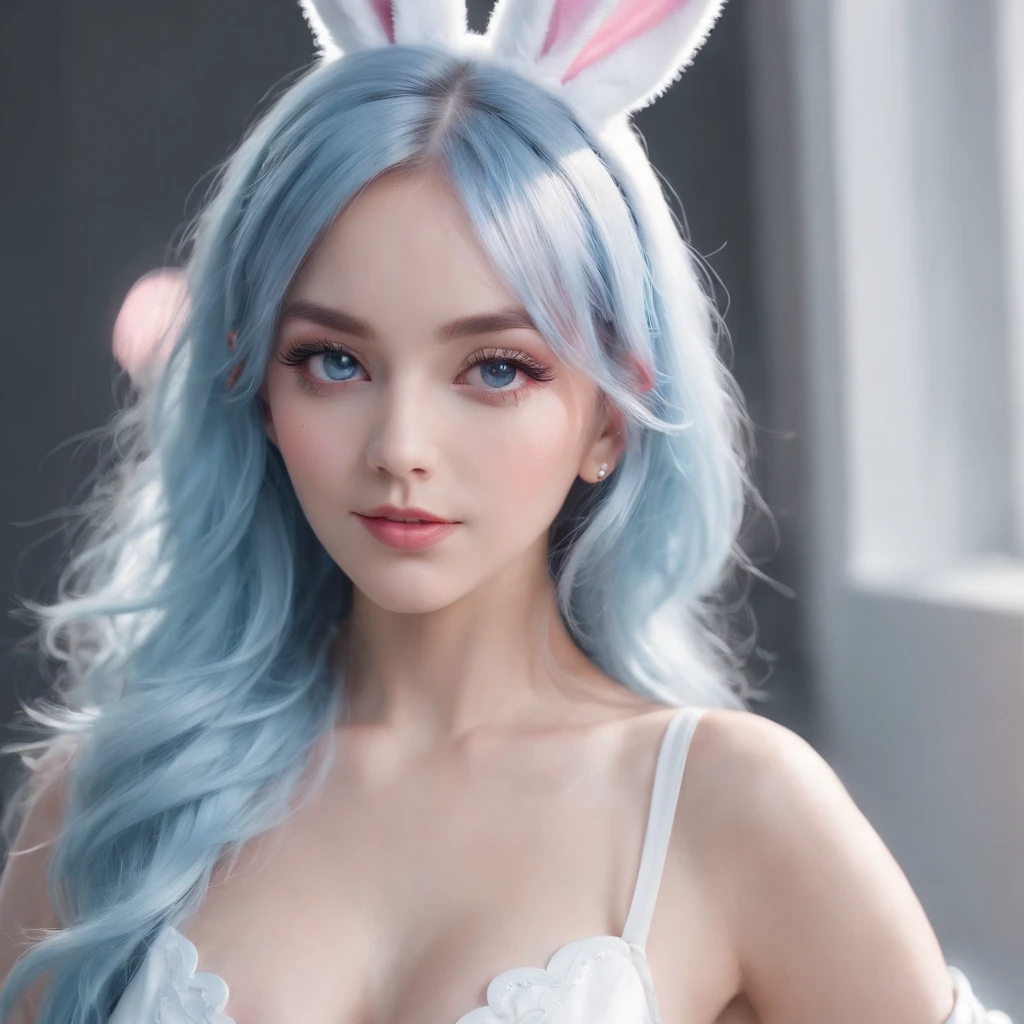 a cute woman, billie eilish (age 25), airy sheer hip length fully open night gown (not tied) (midriff and genitals exposed), no underwear, kneeling on a fur rug, near fireplace, Christmas decorations, petting a bunny, flirtatious, ultra-detailed, 8k, highres, masterpiece, realistic, photorealistic, photo-realistic, HDR, UHD, studio lighting, ultra-fine painting, sharp focus, physically-based rendering, extreme detail description, professional, vivid colors, bokeh, portraits, chiaroscuro lighting, warm color tones
