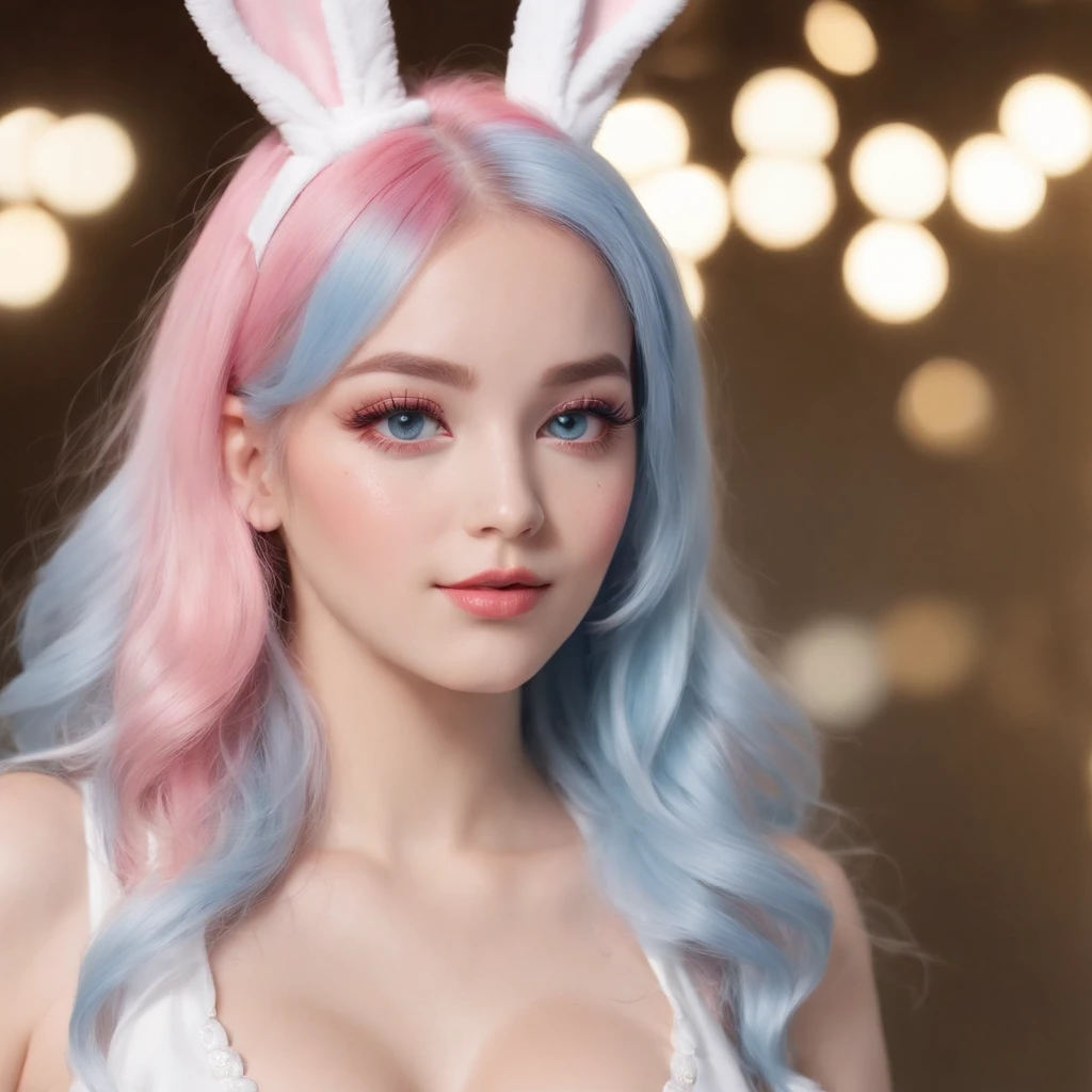 (Best quality:1.3),4K,8K,8K portrait,16 k,(masutepiece:1.2),1girl in, Solo,(Maximalism:1.5), opals, ultra - detailed, absurderes, (Very detailed beautiful face and eyes:1.3), (Beautiful hair in high detail:1.3),Delicate composition, (full bodyesbian:1.5),(full-length figure:1.5), (Full body), (Big Breasts) Super cute girl,(Medium hair:1.4),Pink eyes, Light blue eyes,(Pink hair:1.2),(Light blue hair:1.4),(a playboy bunny:1.6),(Jewelry hair accessories:1.3), (jewelry eyes:1.3),(eyeslashes:1.2),(symbol in eyes:1.3),(A high resolution, Twinkle, glitters, Lens flare, light particules,Shining:1.3),(Cute:1.5)