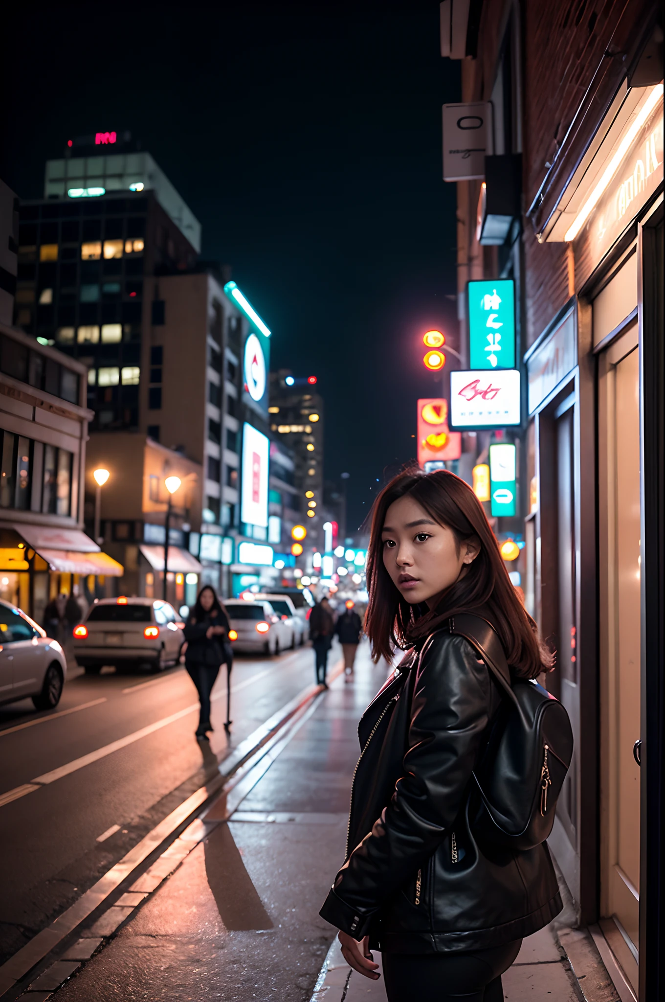 In the heart of a bustling city, a dramatic scene unfolds as a woman confronts her past. She stands beneath a neon sign, her face a mix of determination and vulnerability. The city lights create a kaleidoscope of colors around her, reflecting the complexity of her emotions. Photo taken by Mia Chen with a Fujifilm GFX 100S and a 50mm lens. Award Winning Photography style, Urban Night Lighting, 8K, Ultra-HD, Super-Resolution.