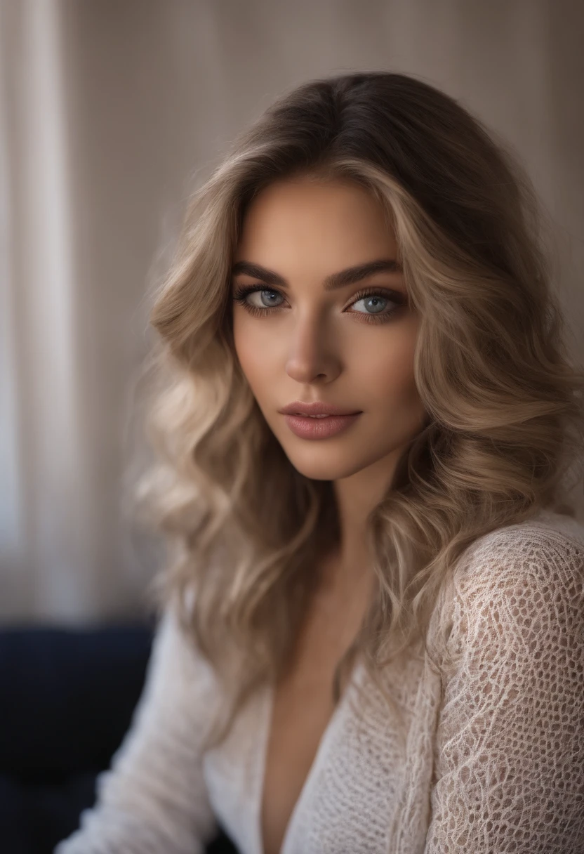 Arafed woman completely , fille sexy aux yeux bleus, ultra realist, Meticulously detailed, Portrait Sophie Mudd, cheveux blonds et grands yeux, selfie of a young woman, Yeux de chambre, Violet Myers, sans maquillage, maquillage naturel, Directly looking at the camera with ass showing, Visage avec Artgram, Maquillage subtil, Great photo of the whole body kneeling on the bed, dans la chambre, Medium to large bust. nu