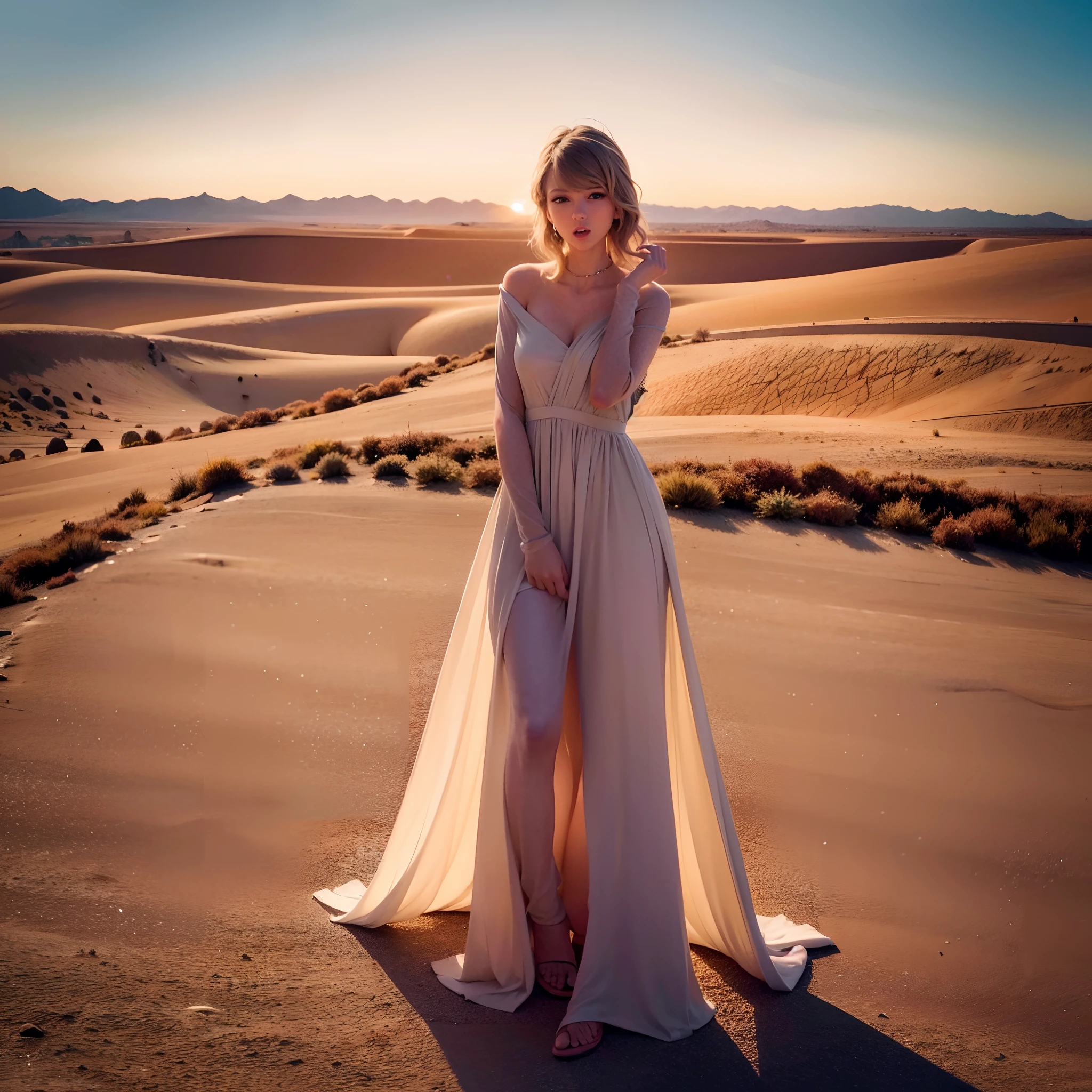 Taylor Swift in a long dress standing on a desert plain, De pie en un desierto, De pie en el desierto, De pie en el desierto, en un vasto desierto sereno, arena llana polvorienta, cielo gris en el horizonte, en medio del desierto, realista