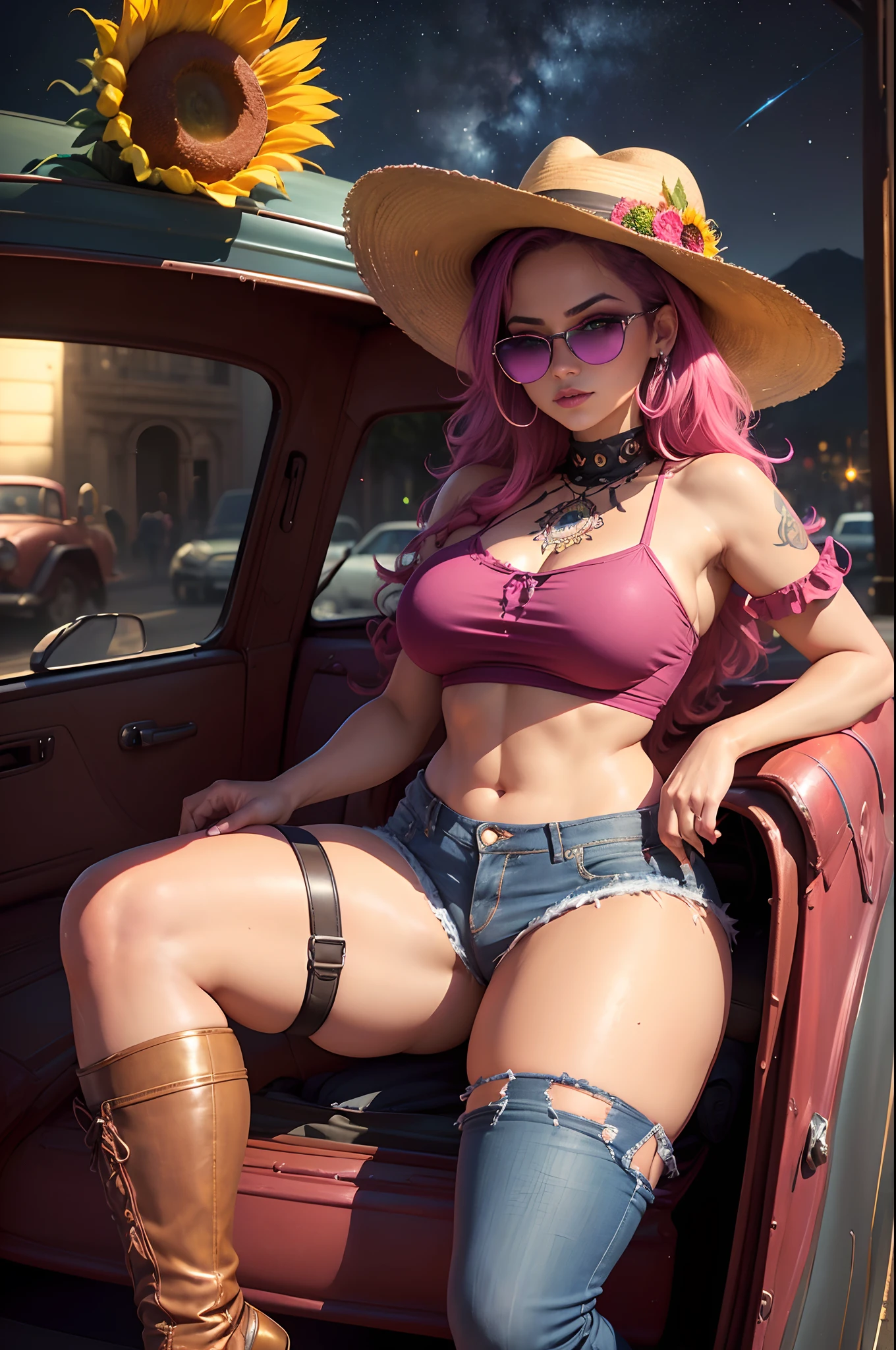 (detailed beautiful eyes and detailed face, masterpiece side light, masterpiece, best quality, detailed, high-resolution illustration), best quality, ultra detailed, extremely detailed, (masterpiece:1.1), high quality, (highres), (1 female driving), ((Inside car background, red antique car, engine), neon light, night sky, Dia de los Muertos, Mexico), ((driving, beautiful woman, Mexican, Hispanic, shiny skin, sweaty, curvy, tanned skin, shoulder sunflower tattoo, full body), (magenta hair, pink colored eyes, magenta fox ears, sunglasses on forehead, thigh highs boots, jean shorts, blouse, Mexican hat))
