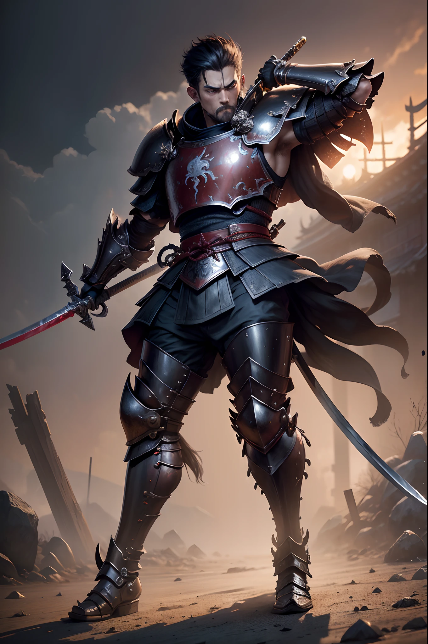 Boys in 8K resolution(full body Esbian:1.3)shots、splashart、Great cartoon style、Brown hair,Photorealistic boy Japan samurai appearance、Anatomical Photorealistic Digital Painting(shoun:1.3)Portrait of a boy(samurais:1.3)Black Japan Samurai Armor Complex(heavily armored:1.3)A dark-haired(Dark and moody universe:1.3)、Black clothe,light particules、highlydetailed skin、Demon Slayer、extremely detailed eye、 (Elden Ring-style:1.1)、(warhammer style:1.3)、Concept Artist、globalillumination、depth of fields、splashart、art by:ArtGerm、by Greg Rutkowsky、viktoria gavrilenko,Has a very large sword,With a large Japan sword in hand,japanese samurai,