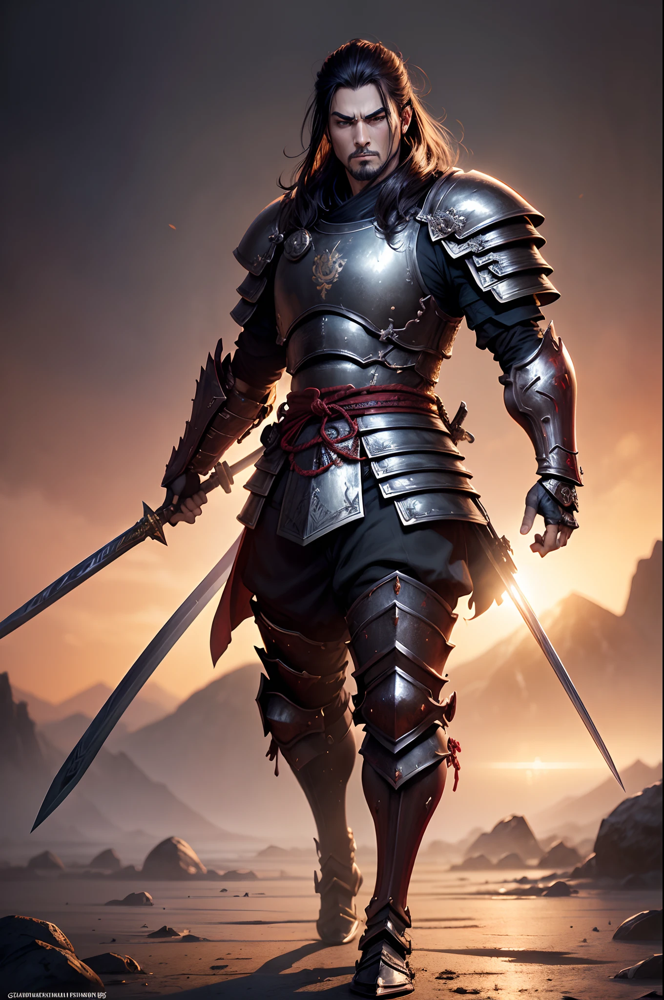 Boys in 8K resolution(full body Esbian:1.3)shots、splashart、Great cartoon style、Brown hair,Photorealistic boy Japan samurai appearance、Anatomical Photorealistic Digital Painting(shoun:1.3)Portrait of a boy(samurais:1.3)Black Japan Samurai Armor Complex(heavily armored:1.3)A dark-haired(Dark and moody universe:1.3)、Black clothe,light particules、highlydetailed skin、Demon Slayer、extremely detailed eye、 (Elden Ring-style:1.1)、(warhammer style:1.3)、Concept Artist、globalillumination、depth of fields、splashart、art by:ArtGerm、by Greg Rutkowsky、viktoria gavrilenko,Has a very large sword,With a large Japan sword in hand,japanese samurai,
