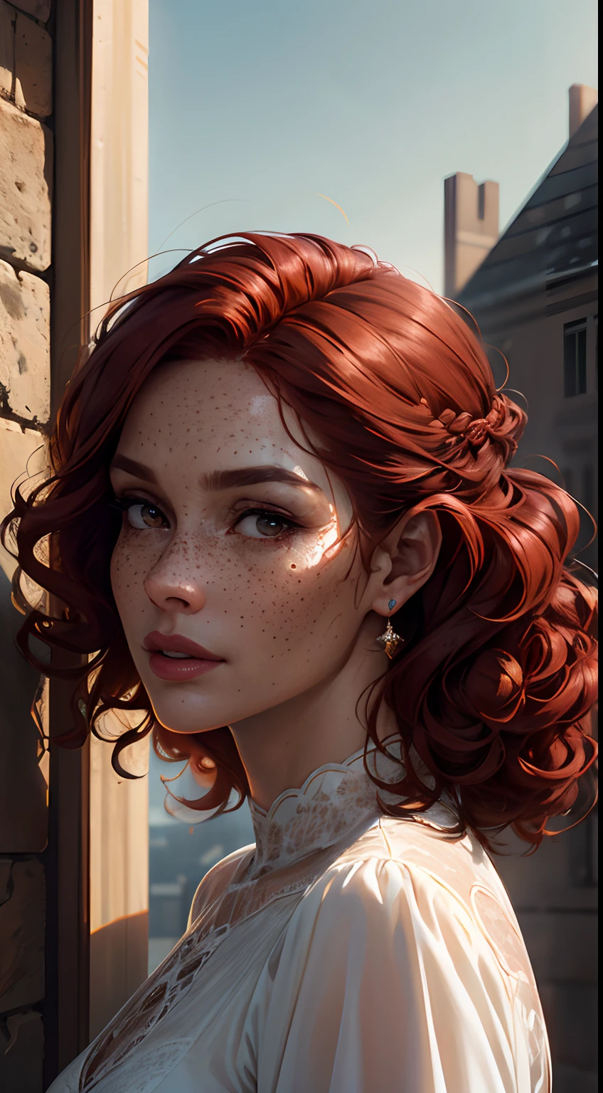 (Detailed face features:1.3), (((1mature woman))), standing wearing a long dress, (close-up perfil photo, face picture), (left side view:1.5), dynamic pose, face photo, 16k, masterpiece, best quality: 1.2), (high detailed skin), (curly red hair), ((freckles, delailed brown eyes, detailed lips)), slim, automatic white balance, (ultra realism, hyper detailed and intricate realism: 1.3), (wide depth of field, radiant mapping: 1.2), High dynamic range, vivid, rich details, clear shadows and highlights, realistic, intense, enhanced contrast, clear outdoor,