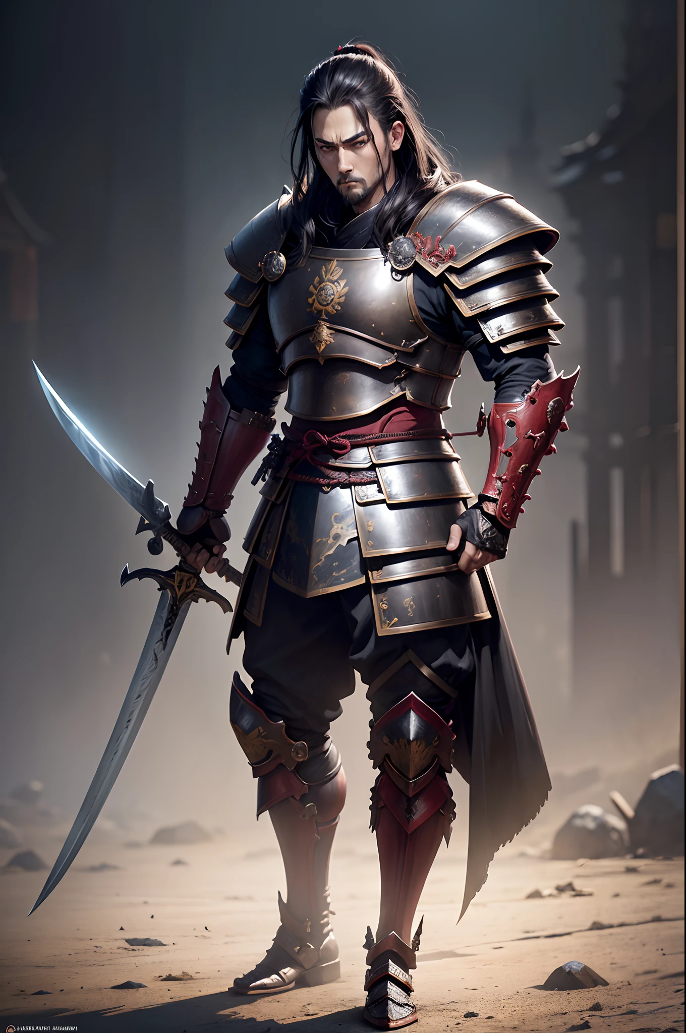 Boys in 8K resolution(full body Esbian:1.3)shots、splashart、Great cartoon style、Brown hair,Photorealistic boy Japan samurai appearance、Anatomical Photorealistic Digital Painting(shoun:1.3)Portrait of a boy(samurais:1.3)Black Japan Samurai Armor Complex(heavily armored:1.3)A dark-haired(Dark and moody universe:1.3)、Black clothe,light particules、highlydetailed skin、Demon Slayer、extremely detailed eye、 (Elden Ring-style:1.1)、(warhammer style:1.3)、Concept Artist、globalillumination、depth of fields、splashart、art by:ArtGerm、by Greg Rutkowsky、viktoria gavrilenko,Has a very large sword,With a large Japan sword in hand,japanese samurai,