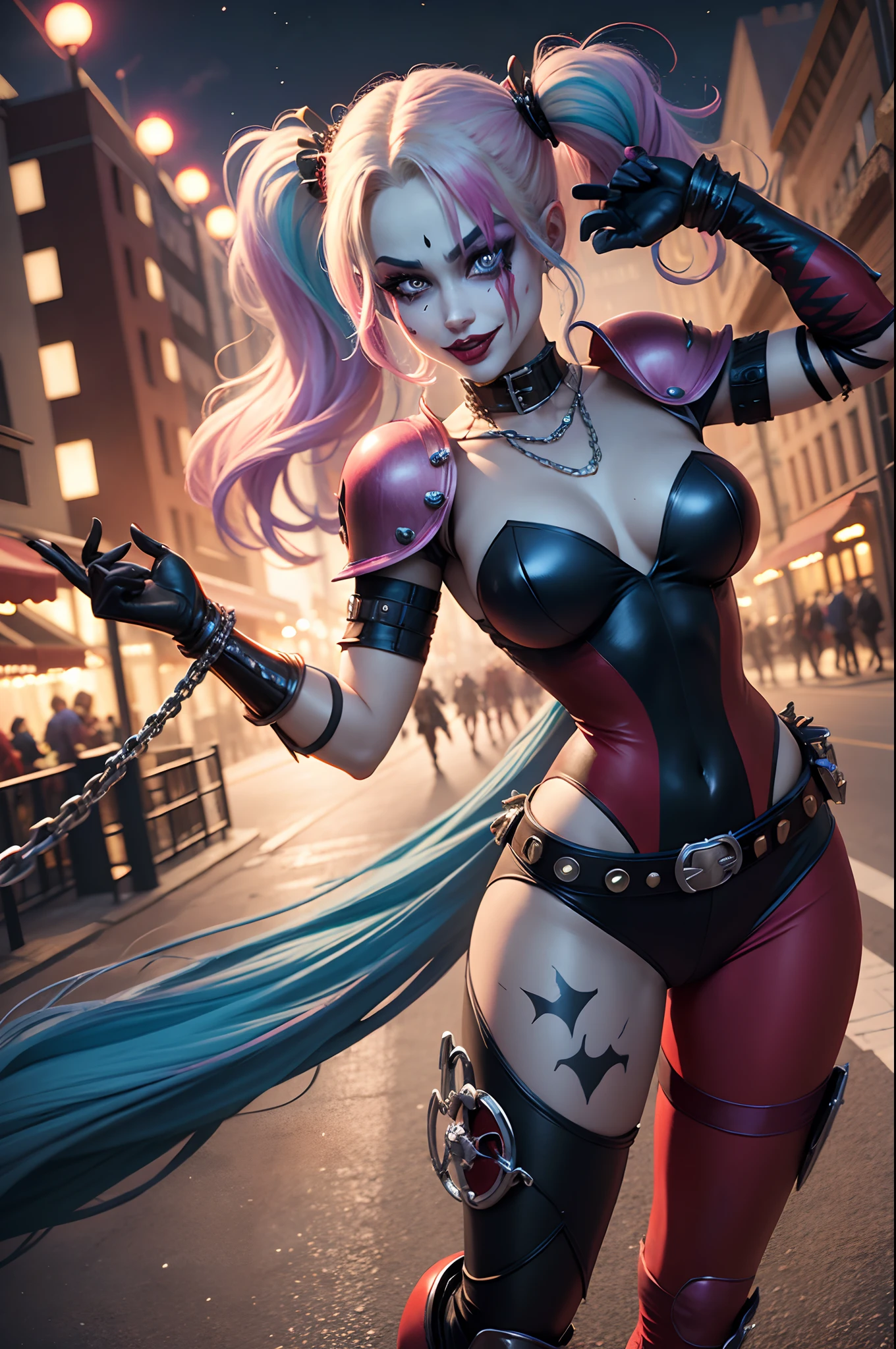 Villain Harley Quinn, in battle armor, long colored hair, Clown Makeover, tight costume, Colored leggings, high boots, chain, Buckle Belt, night city, higly detailed, Realistic full-length photo