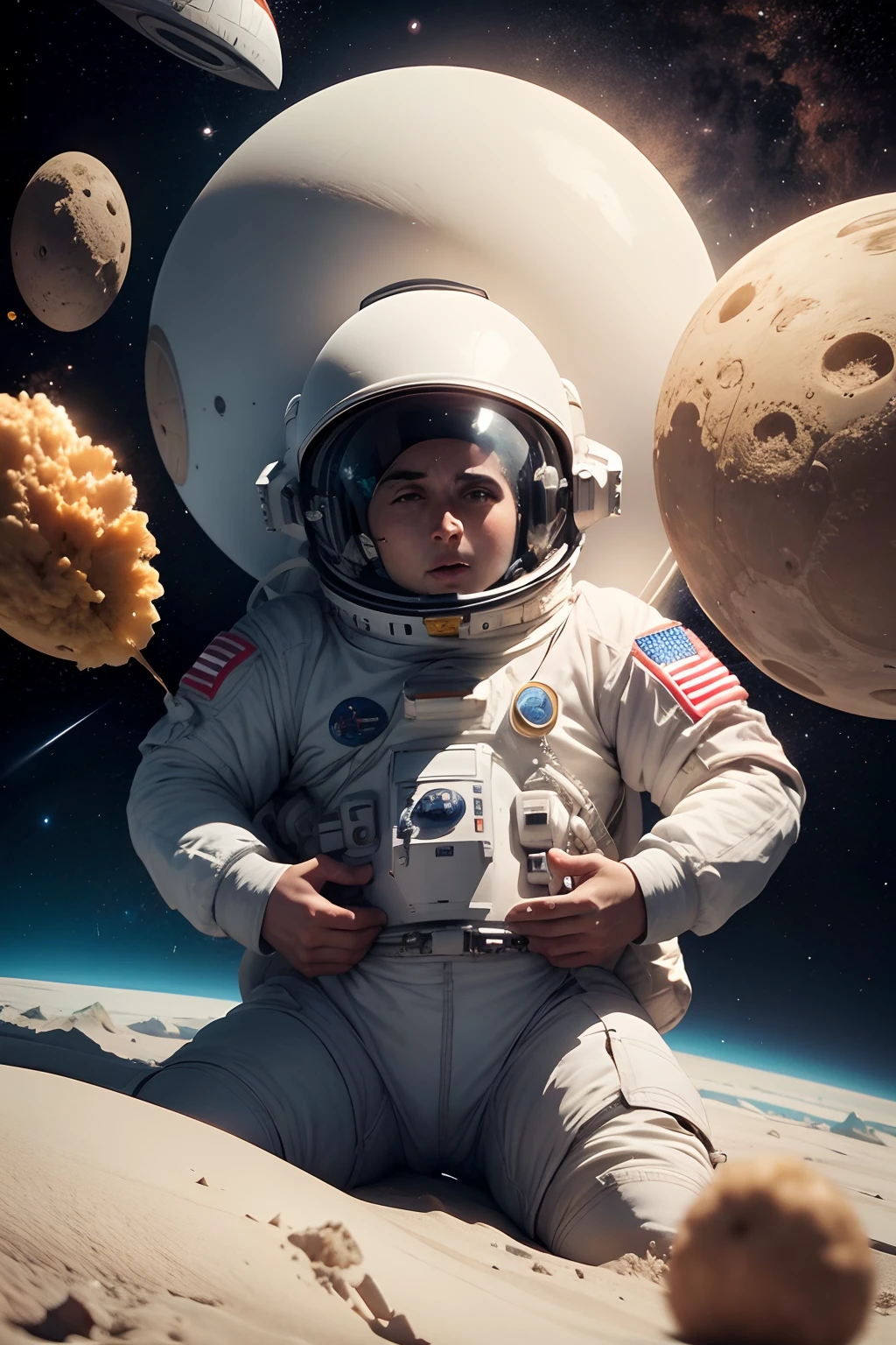 Astronauta comendo pipoca em uma base espacial ao lado de um camelo
