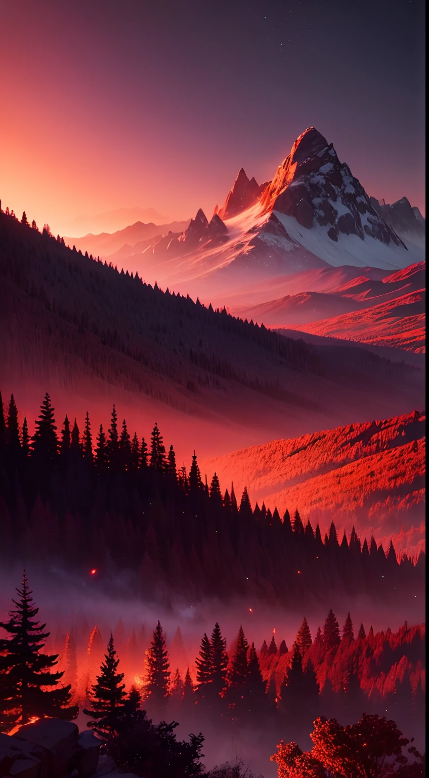 Twilight of the Gods, brilhante, dark floresta, noite, Scarlet sunset, glittering particles, scenecy, (Vast gradient skies:1.05), (montanhas:0.8), 2340px por 1080px