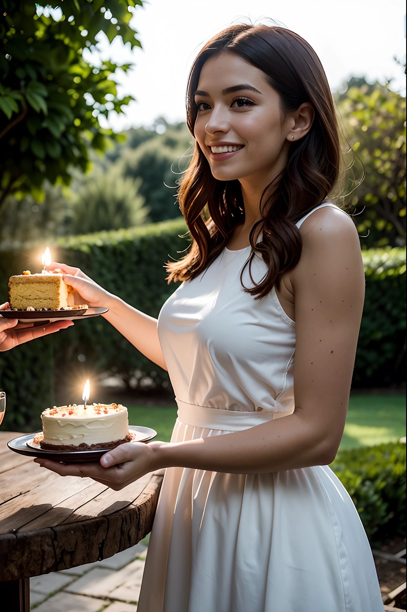 A midsummer celebration in a vibrant garden setting. Our central figure is a lady in her mid-thirties with chestnut hair, an affable smile, and expressive eyes::10. She's holding a birthday cake glistening with candles::10. She looks each year wiser and moment richer with the joy of celebration. The dress she wears ripples with shades of blush, combining elegance with a casual flair. Backdrop is a verdant garden, blooming with seasonal flowers, a dance of colors that adds to the festive atmosphere::8. The time of the day would be around dusk, when the ethereal glow of the setting sun filters through the tree branches. It adds an atmospheric golden hue to the scene, washing everything with warm shades. A Leica S3 Medium Format DSLR::7 camera would be ideal for capturing this scene with an aperture of f/2.8 instilling a professional touch. Strategic backlighting::7 shall highlight the woman and her cake providing a warm aura, while the diminishing daylight will not overshadow the glow of the cake candles. The picture's style shall reflect the joie de vivre of such a moment, retaining the warmth of the summer day and the pleasing aesthetics of the natural setting