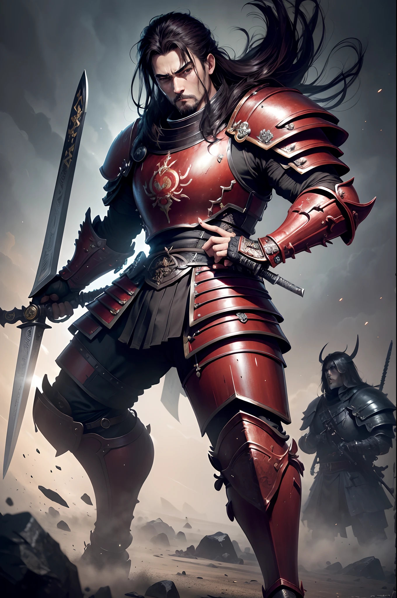 Boys in 8K resolution(full body Esbian:1.3)shots、splashart、Great cartoon style、Brown hair,Photorealistic boy Japan samurai appearance、Anatomical Photorealistic Digital Painting(shoun:1.3)Portrait of a boy(samurais:1.3)Black Japan Samurai Armor Complex(heavily armored:1.3)A dark-haired(Dark and moody universe:1.3)、Black clothe,light particules、highlydetailed skin、Demon Slayer、extremely detailed eye、 (Elden Ring-style:1.1)、(warhammer style:1.3)、Concept Artist、globalillumination、depth of fields、splashart、art by:ArtGerm、by Greg Rutkowsky、viktoria gavrilenko,Has a very large sword,1 Large Japan sword in hand,japanese samurai,