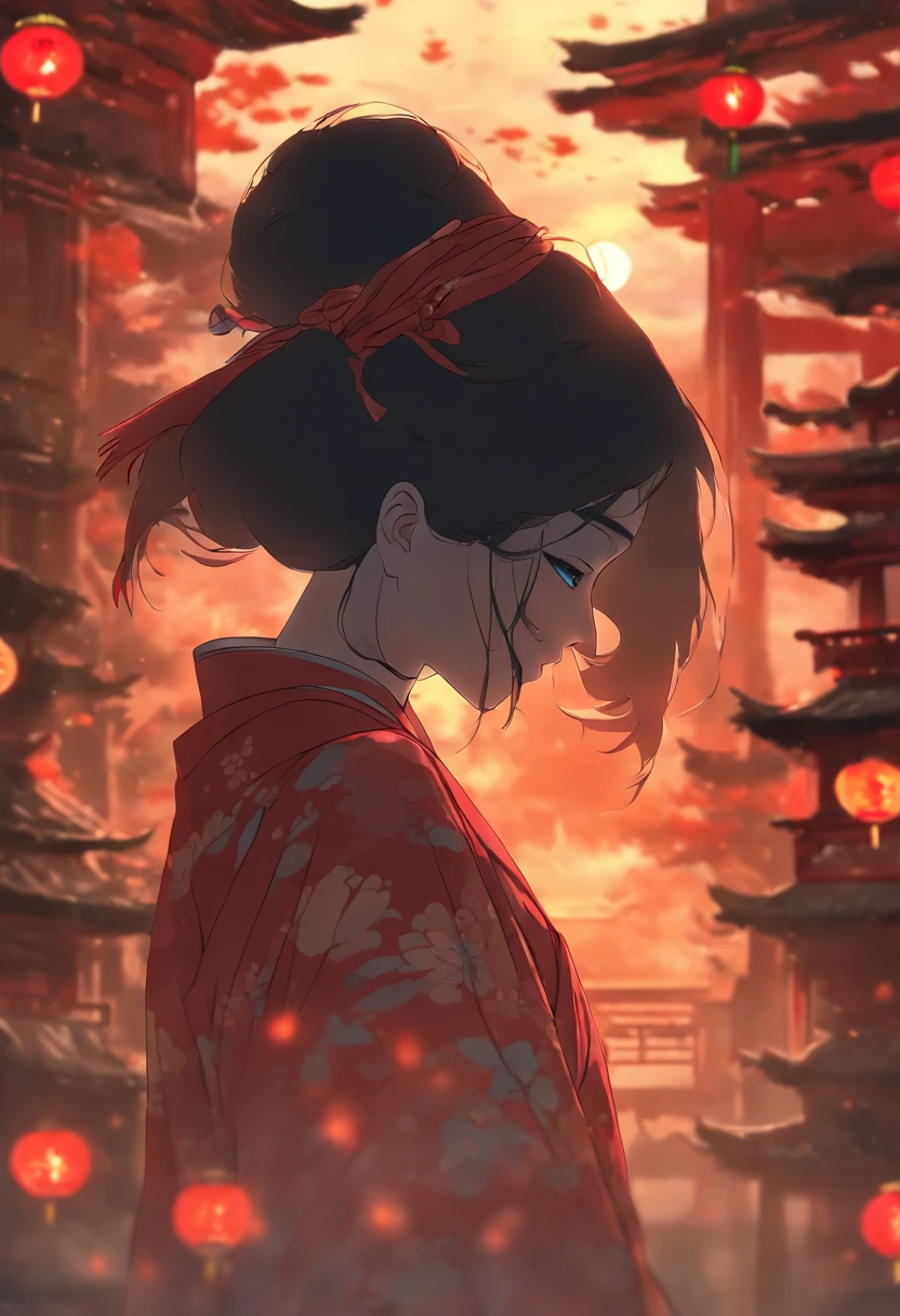 (((Woman hiding her face))) best quality, ultra-high resolution, 4K detailed CG, masterpiece,Black hair woman hiding her face, ruined temples, dark tone, blood moon in the background, dark atmosphere, Japanese clothing,((Japanese woman)), Japanese mythology, Japan, Shui Mo Hua, Chinese painting style, Thangka style, aesthetics, beautiful image, depth of field, centered image