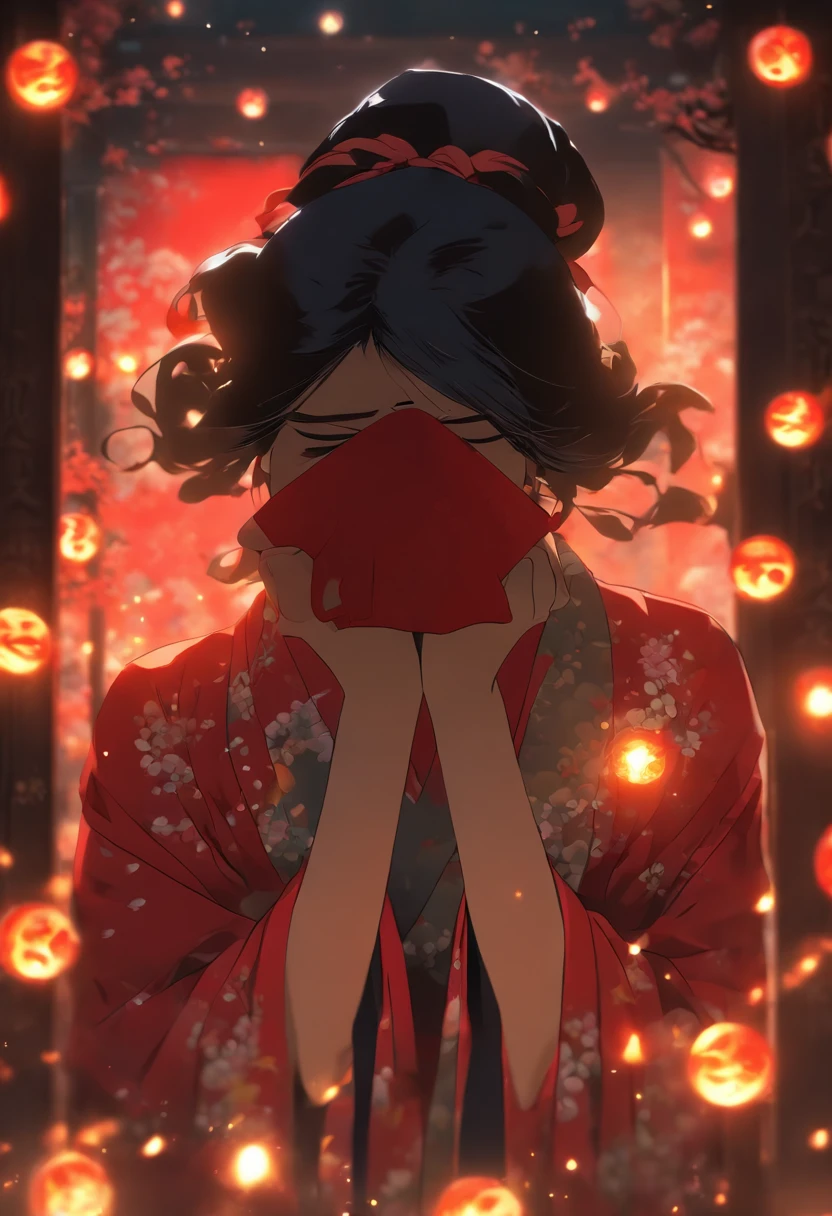 (((Woman hiding her face))) best quality, ultra-high resolution, 4K detailed CG, masterpiece,Black hair woman hiding her face, ruined temples, dark tone, blood moon in the background, dark atmosphere, Japanese clothing,((Japanese woman)), Japanese mythology, Japan, Shui Mo Hua, Chinese painting style, Thangka style, aesthetics, beautiful image, depth of field, centered image