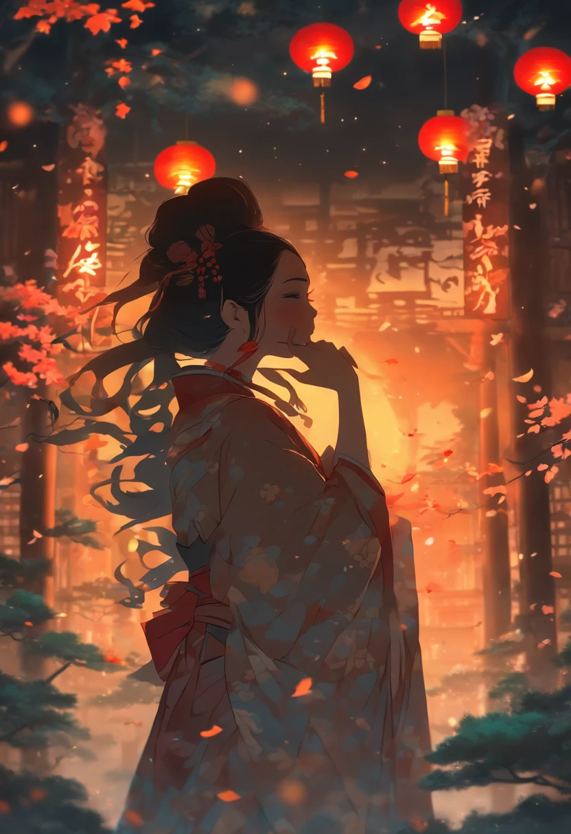 (((Woman hiding her face))) best quality, ultra-high resolution, 4K detailed CG, masterpiece,Black hair woman hiding her face, ruined temples, dark tone, blood moon in the background, dark atmosphere, Japanese clothing,((Japanese woman)), Japanese mythology, Japan, Shui Mo Hua, Chinese painting style, Thangka style, aesthetics, beautiful image, depth of field, centered image