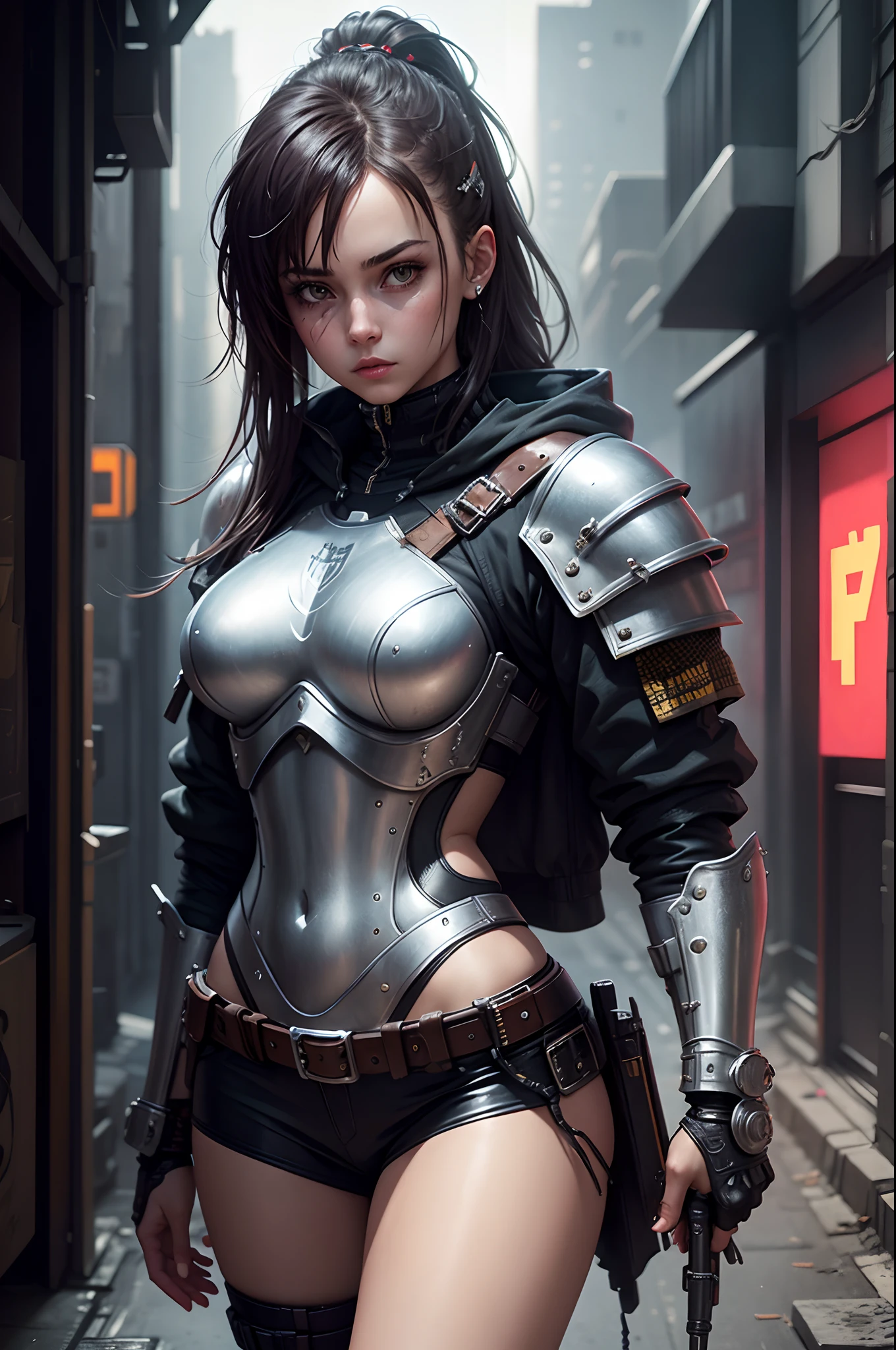 Girl in knightly armor in cyberpunk style, Mixing styles, higly detailed, foto realista