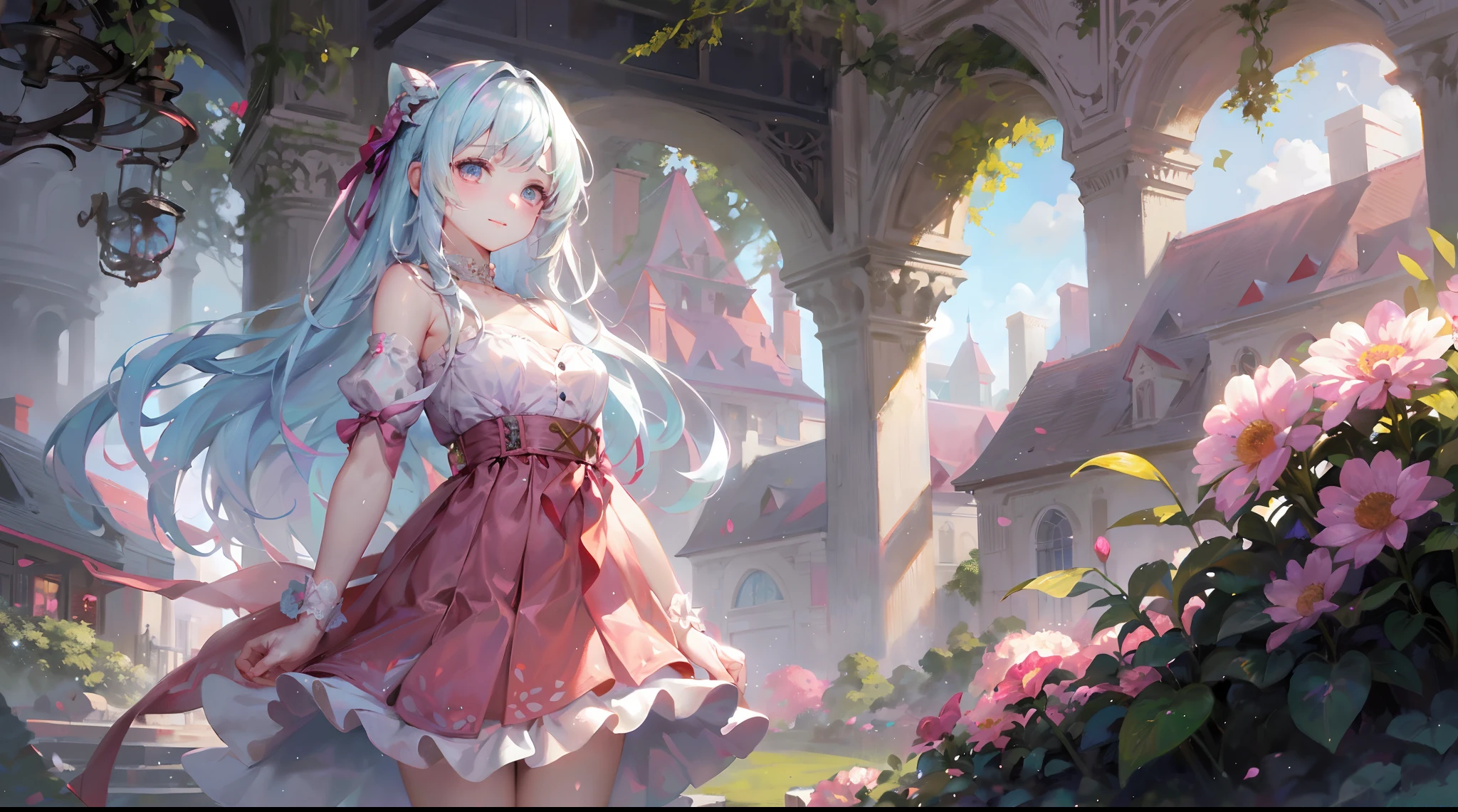 A cute and lovely, young girl with rosy cheeks and a bright smile, wearing a colorful dress, standing in a vibrant garden surrounded by blooming flowers, lush green grass, and tall trees. Her beautiful detailed eyes sparkle with joy, complemented by long eyelashes. Her lips are perfectly shaped with a touch of gloss, adding to her adorable appearance. The artwork is created with a mix of traditional illustration and digital painting techniques, resulting in a medium that showcases intricate details and vivid colors. The scene is filled with additional details like butterflies fluttering around, a gentle breeze blowing through her hair, and soft sunlight illuminating the garden. The image quality is of the highest standard, featuring ultra-detailed elements, realistic shading and textures, and professional-grade rendering. The overall art style combines elements of fantasy and realism with a touch of whimsy, creating a captivating visual experience. The color palette leans towards pastel shades, creating a dreamy and enchanting atmosphere. The lighting in the garden is soft and warm, with subtle shadows and highlights accentuating the girl's features and the surrounding environment.