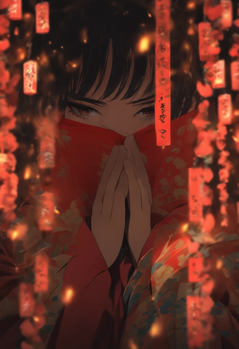 (((Woman hiding her face))) best quality, ultra-high resolution, 4K detailed CG, masterpiece,Black hair woman hiding her face, ruined temples, dark tone, blood moon in the background, dark atmosphere, Japanese clothing,((Japanese woman)), Japanese mythology, Japan, Shui Mo Hua, Chinese painting style, Thangka style, aesthetics, beautiful image, depth of field, centered image