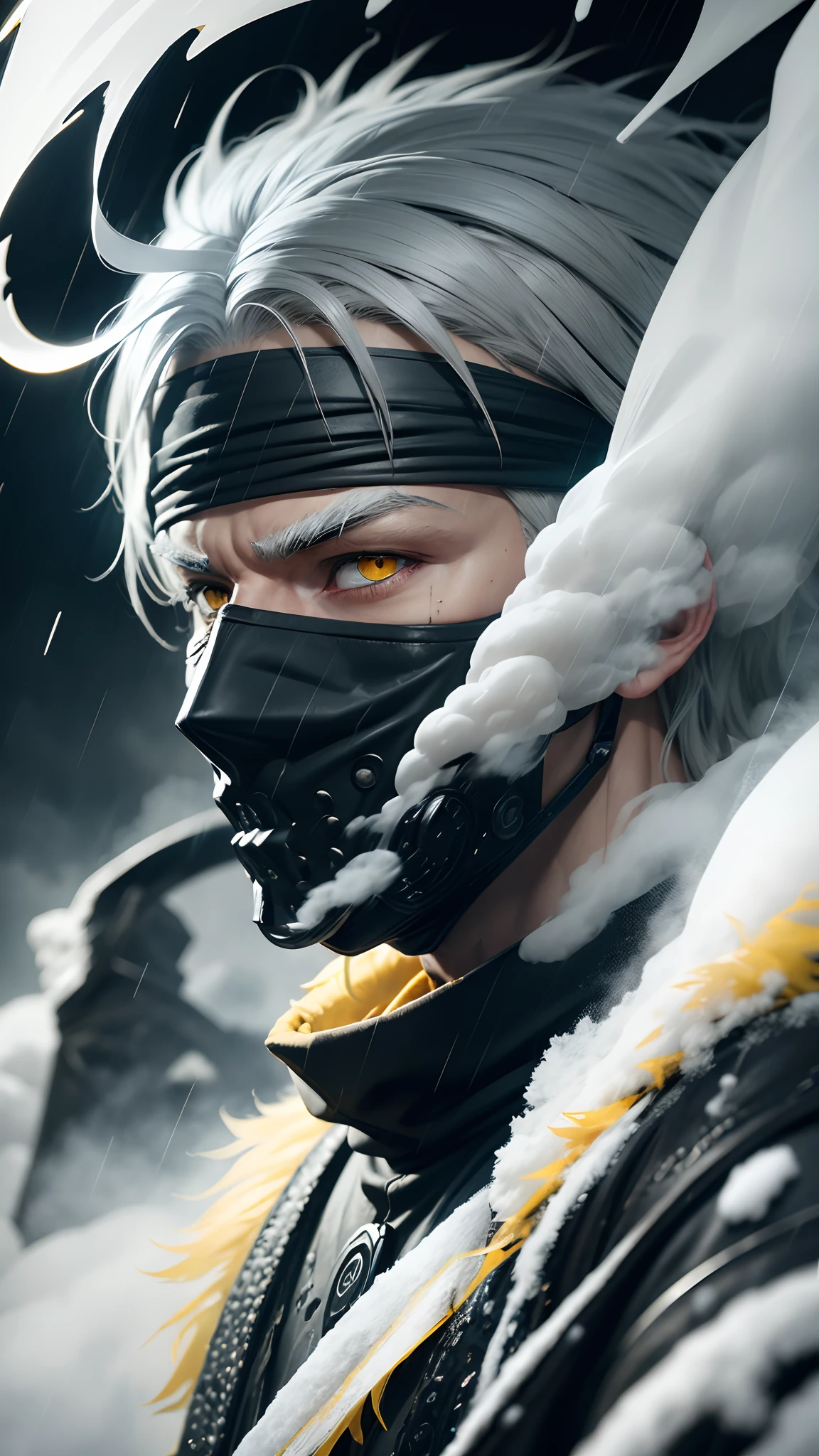 Cool guys with mask, gray&yellow hair, shining yellow eyes, bloodlust eyes, black mask, headband,young guy, snow effect, smoke effect, rainstorm, amazing, best quality, extremely detailed, realistic, 8k