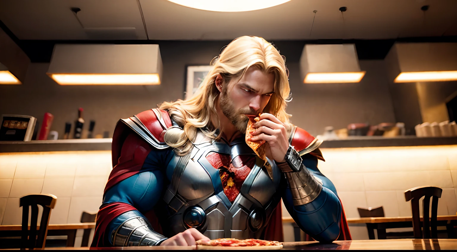 The superhero THOR eating a pizza in a busy pizzeria, ((VERY WELL LIT))