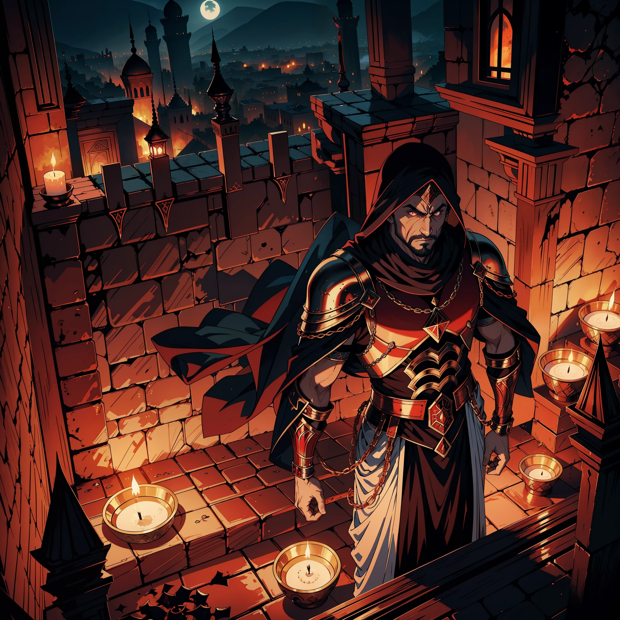 Seigneur arabe marocain muscular body muscular face scary Dracula moroccan warrior Armor Wear Muscle, fearless, Scary handsome man at the head of an army e of djinns 10 demonic jinns around him moroccan war battle atmosphere islamic war morocco environment environment environment environment
