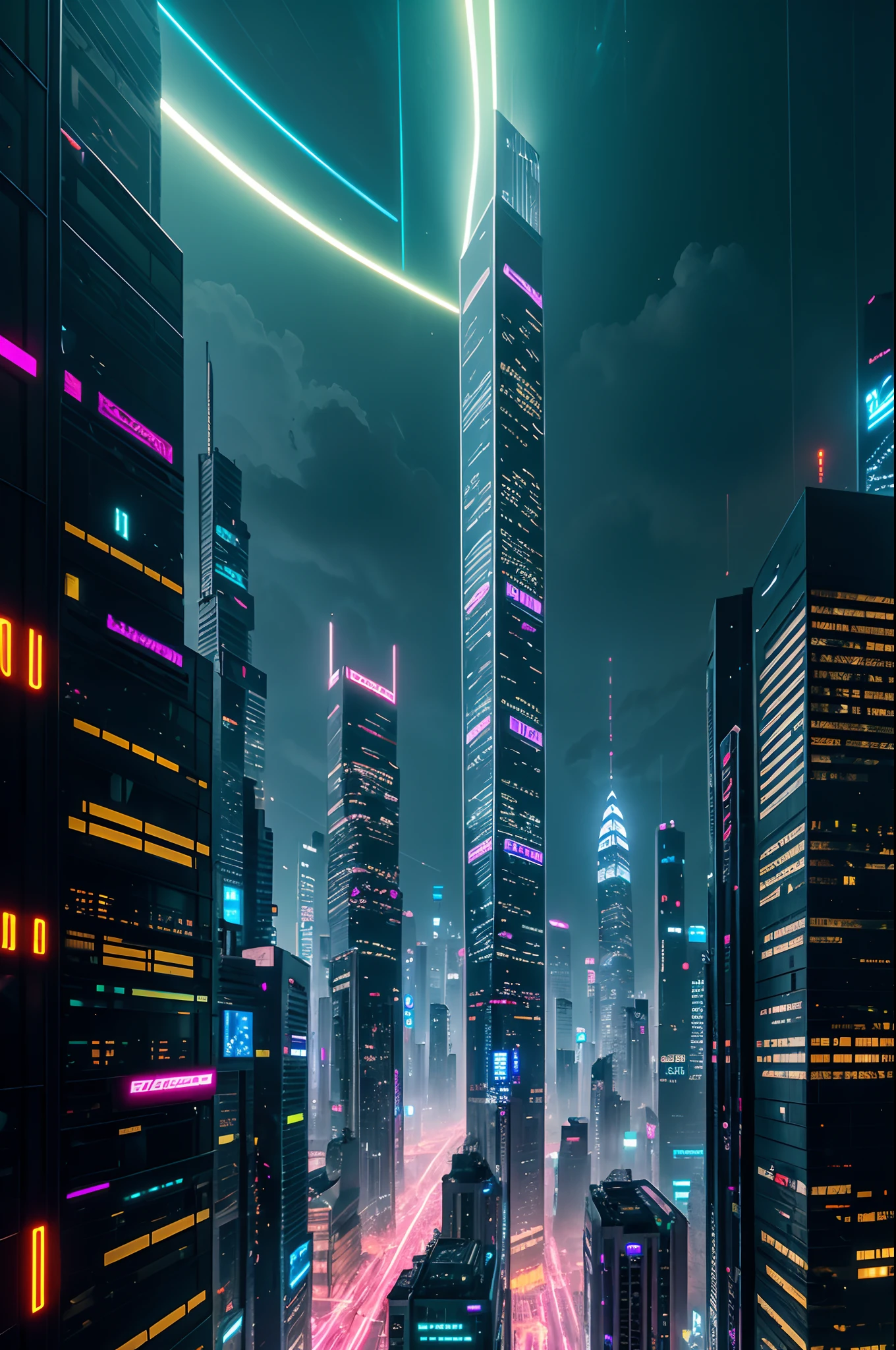 Futuristic Cyberpunk Metropolis, Glowing Skyscrapers and Hovering Vehicles, A sprawling urban jungle under a neon-lit sky, An atmosphere of dystopian grandeur, Vivid and electrifying, Cascading luminescent rain,