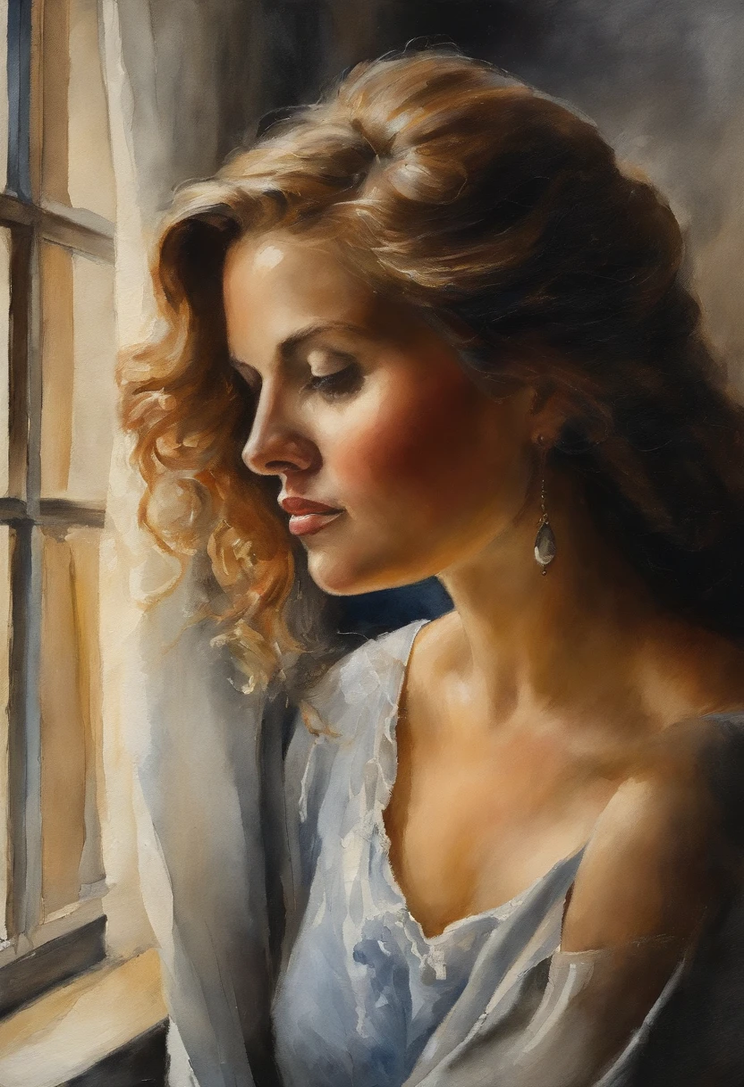 A impasto oil painting of, pretty netherland's woman beside window , profile , view by side, schiaroscuro, closed up, hyper realistic oil painting. masterpiece art work.