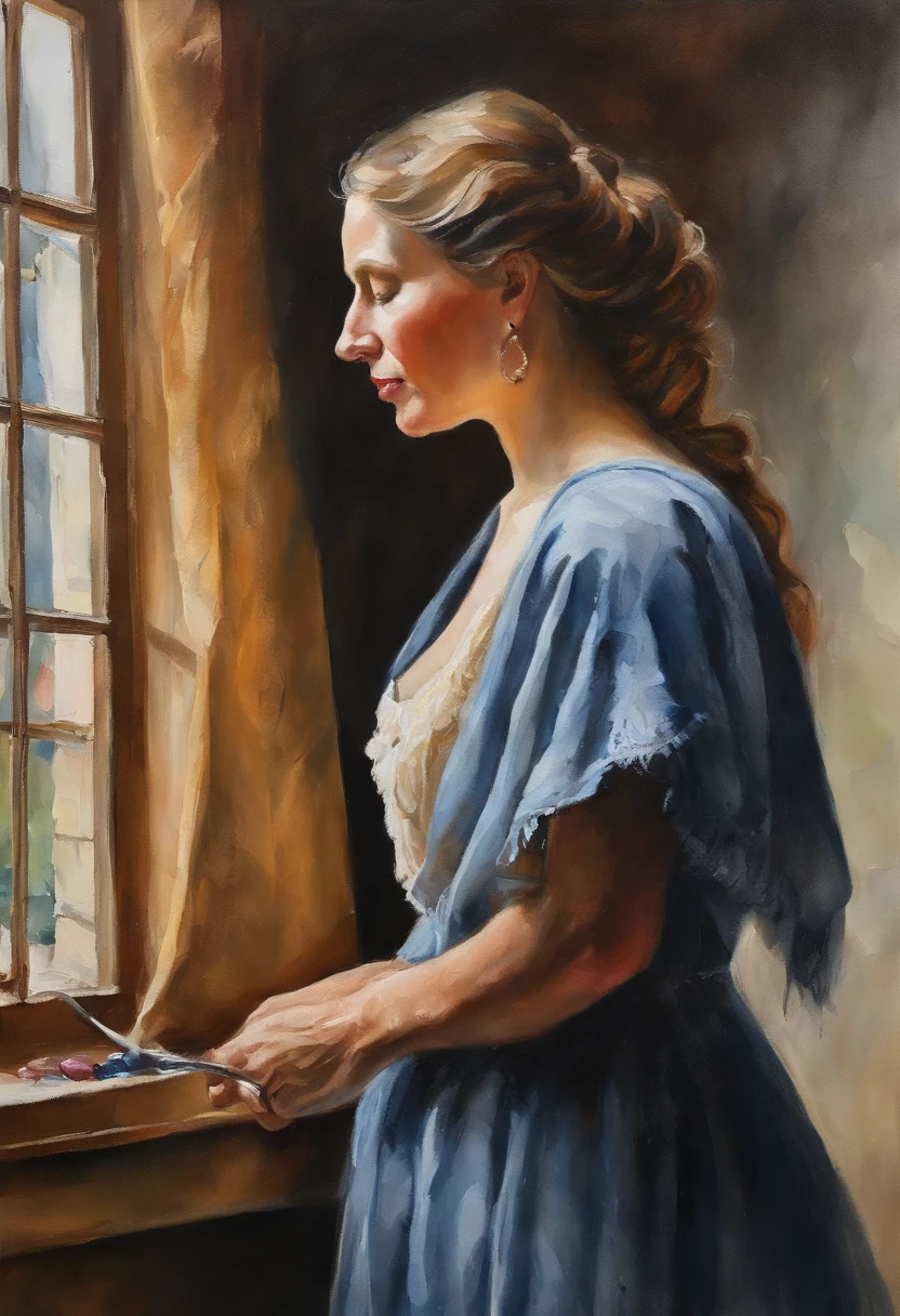 A impasto oil painting of, pretty netherland's woman beside window , profile , view by side, schiaroscuro, closed up, hyper realistic oil painting. masterpiece art work.