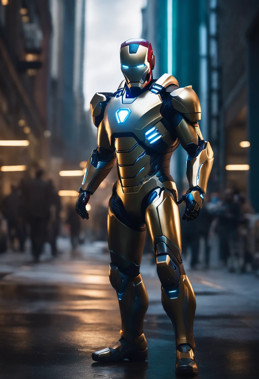 ((masterpiece)), ((best quality)), ((highres)), ((detailed background)), ((extremely detailed CG unity 8k wallpaper)), solo, uomo, prezzolato hair, a man in a suit with a glowing head and blue eyes, sigma from overwatch, cyberpunk iron man, concept art of tony stark, reed richards, cyber suit, amazing 8k character concept art, cyber noir, hero pose colorful city lighting , ((