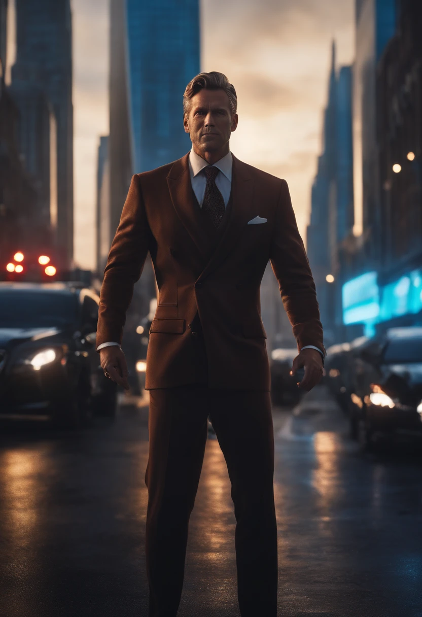 ((masterpiece)), ((best quality)), ((highres)), ((detailed background)), ((extremely detailed CG unity 8k wallpaper)), solo, uomo, prezzolato hair, a man in a suit with a glowing head and blue eyes, sigma from overwa reed richards, cyber suit, amazing 8k character concept art, cyber noir, hero pose colorful city lighting , ((