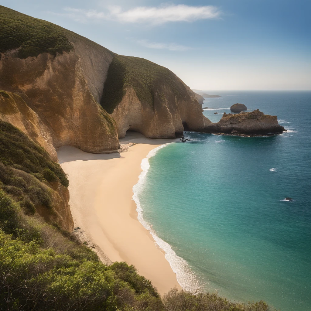 Generate a vivid description of a serene, sun-kissed coastal landscape. Picture a golden sandy beach stretching as far as the eye can see, with gentle waves lapping at the shore. In the distance, there are rugged cliffs covered in lush greenery, and a clear blue sky overhead. Capture the tranquility and natural beauty of this scene in your description."