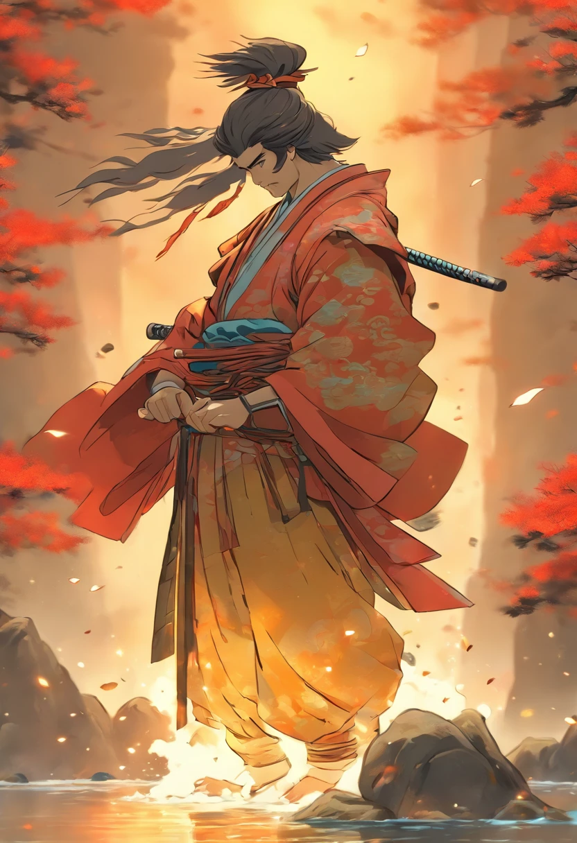 (((Samurai on Knees))) best quality, ultra-high resolution, detailed CG in 4K, masterpiece, kneeling man, black hair, wind, waterfall in the background, pure atmosphere, Japanese clothes, ((purified man)) , Japanese mythology, Japan, Shui Mo Hua, Chinese painting style, Thangka style, aesthetics, beautiful image, depth of field, centered image