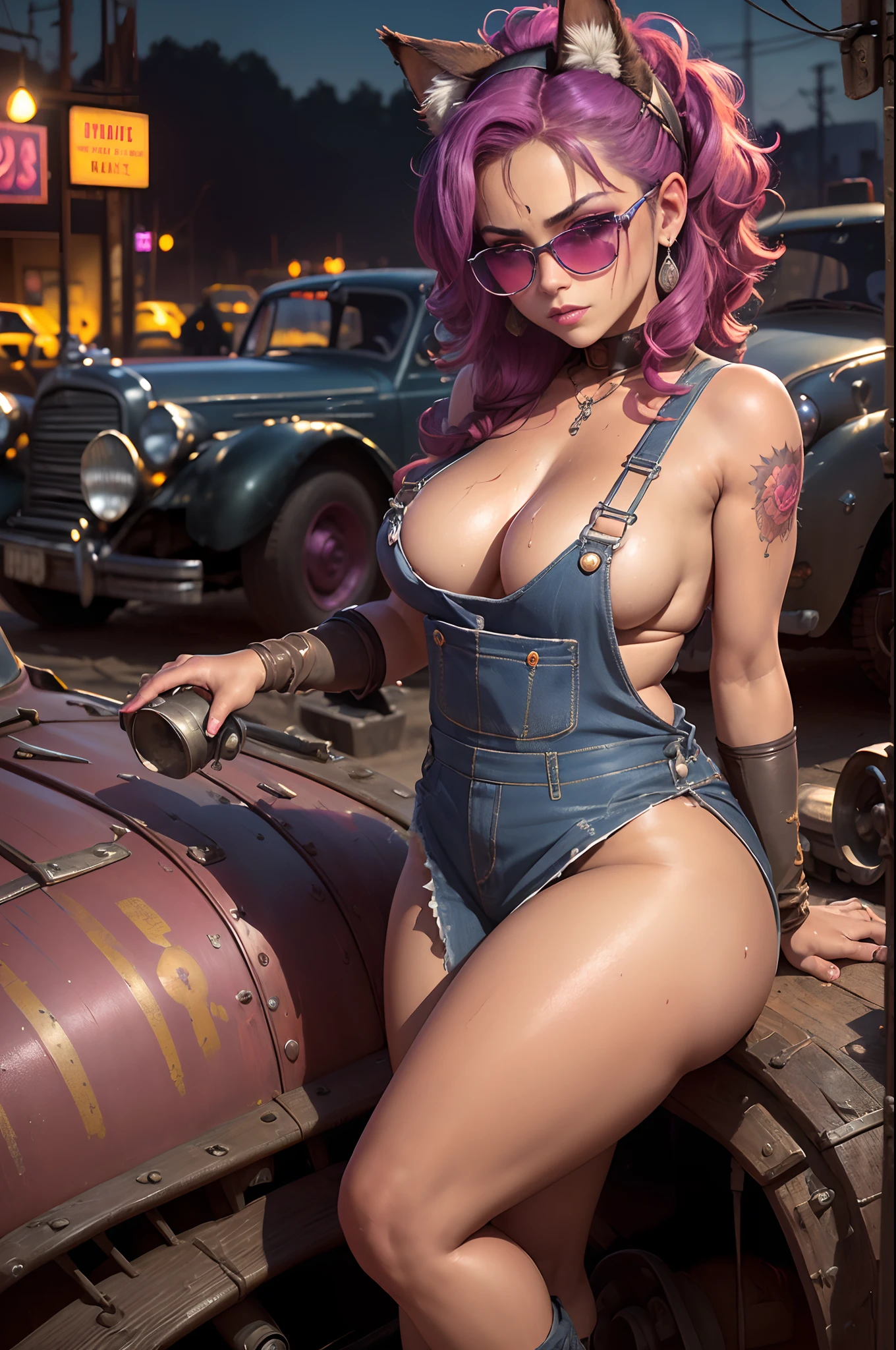 (detailed beautiful eyes and detailed face, masterpiece side light, masterpiece, best quality, detailed, high-resolution illustration), best quality, ultra detailed, extremely detailed, (masterpiece:1.1), high quality, (highres), (1 female driving), ((Mechanic shop background, red antique car, engine), neon light, night sky, Dia de los Muertos, Mexico), ((fixing car, beautiful woman, Mexican, Hispanic, shiny skin, sweaty, dirty with oil, oil stain, dirty , curvy, tanned skin, shoulder sunflower tattoo, full body), (magenta hair, pink colored eyes, magenta fox ears, sunglasses on forehead, overalls))