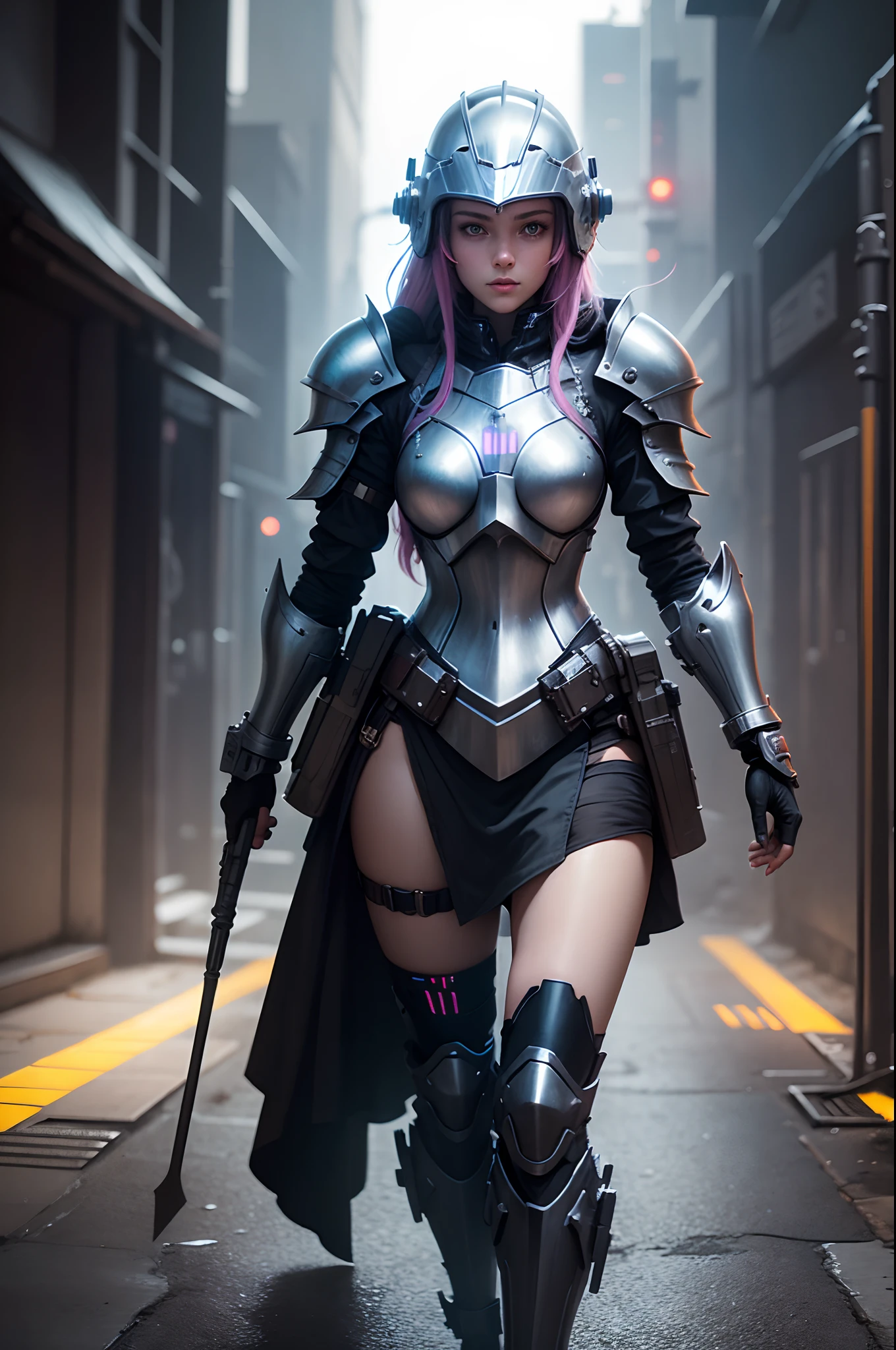 Girl in knightly armor and a cyberpunk helmet, glowing neon, Mixing styles, higly detailed, Realistic full-length photo