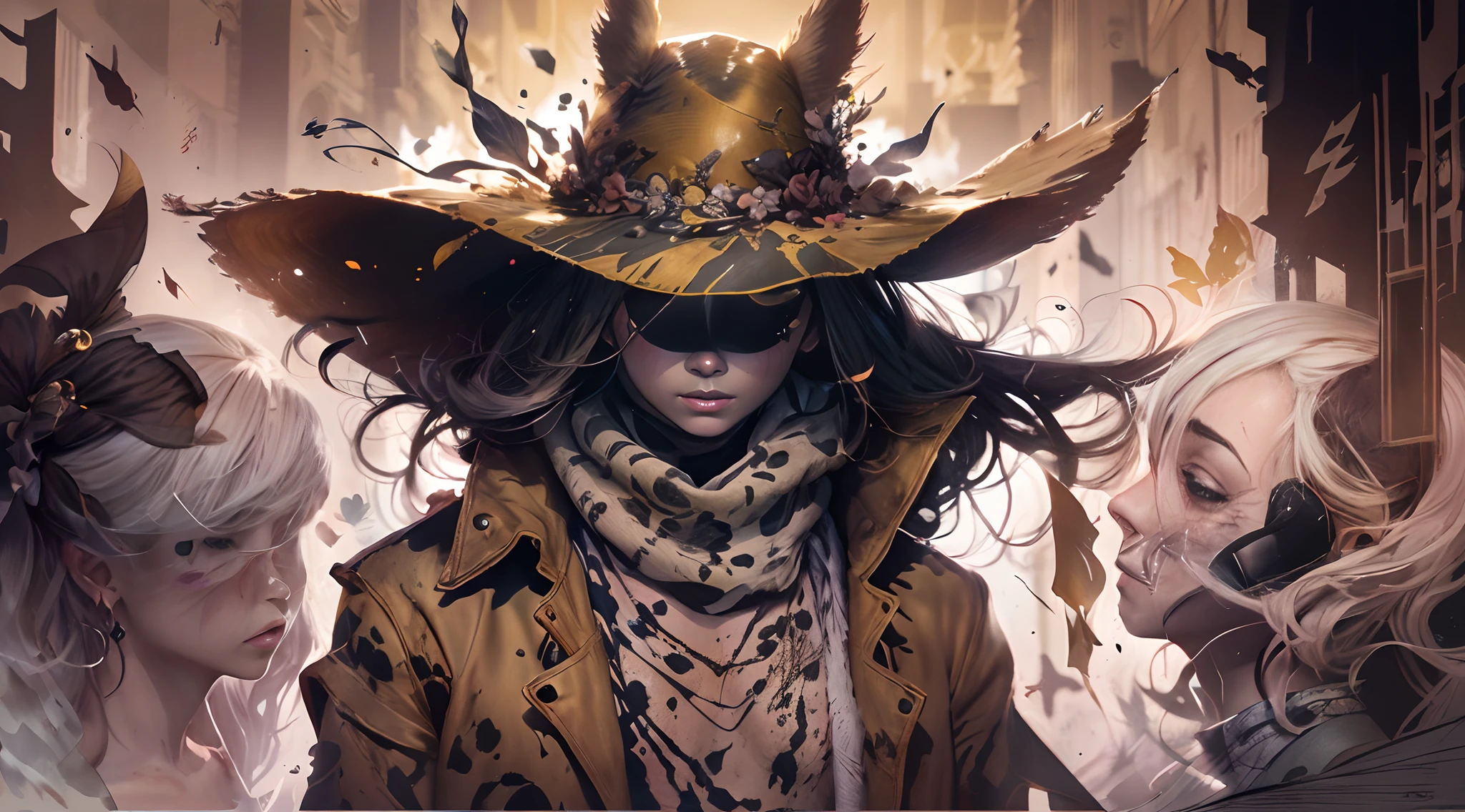 personagem de fantasia (((macho))) Vaqueiro, hat covering eyes (((dourado))), fundo noturno, Spectral scenario with demonic shadows, Demons in the background, alma, digital illustation, Estilo Western Noir Comics, anatomia perfeita, Centrado, zoom perfeito, Dynamic, altamente detalhado, pintura em aquarela, Arte Sazonal, arte conceitual, macio, foco nítido, illustration, arte de Carne Griffiths e Wadim Kashin