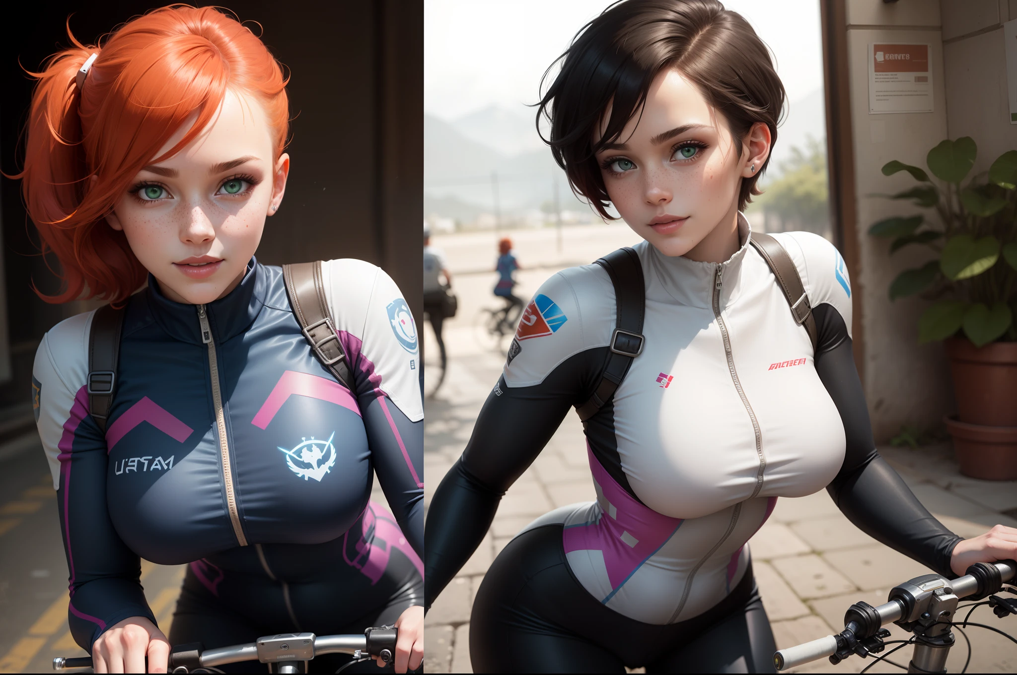 gwen tennyson,1girl,tracer,d.va,rebecca chambers,overwatch,gundam,close up,mecha pilot,mountain view,orange and rose plugsuit,hair pin,pirate corset,white long sleeve lycra top,white leggings,short hair,cute makeup,green eyes,orange and blue hair,shy smile, freckles,redhead,beautiful girl,large breasts,ultra detailed,realistic,fantasy art, cyclist jacket,riding a bicycle,wet shirt,