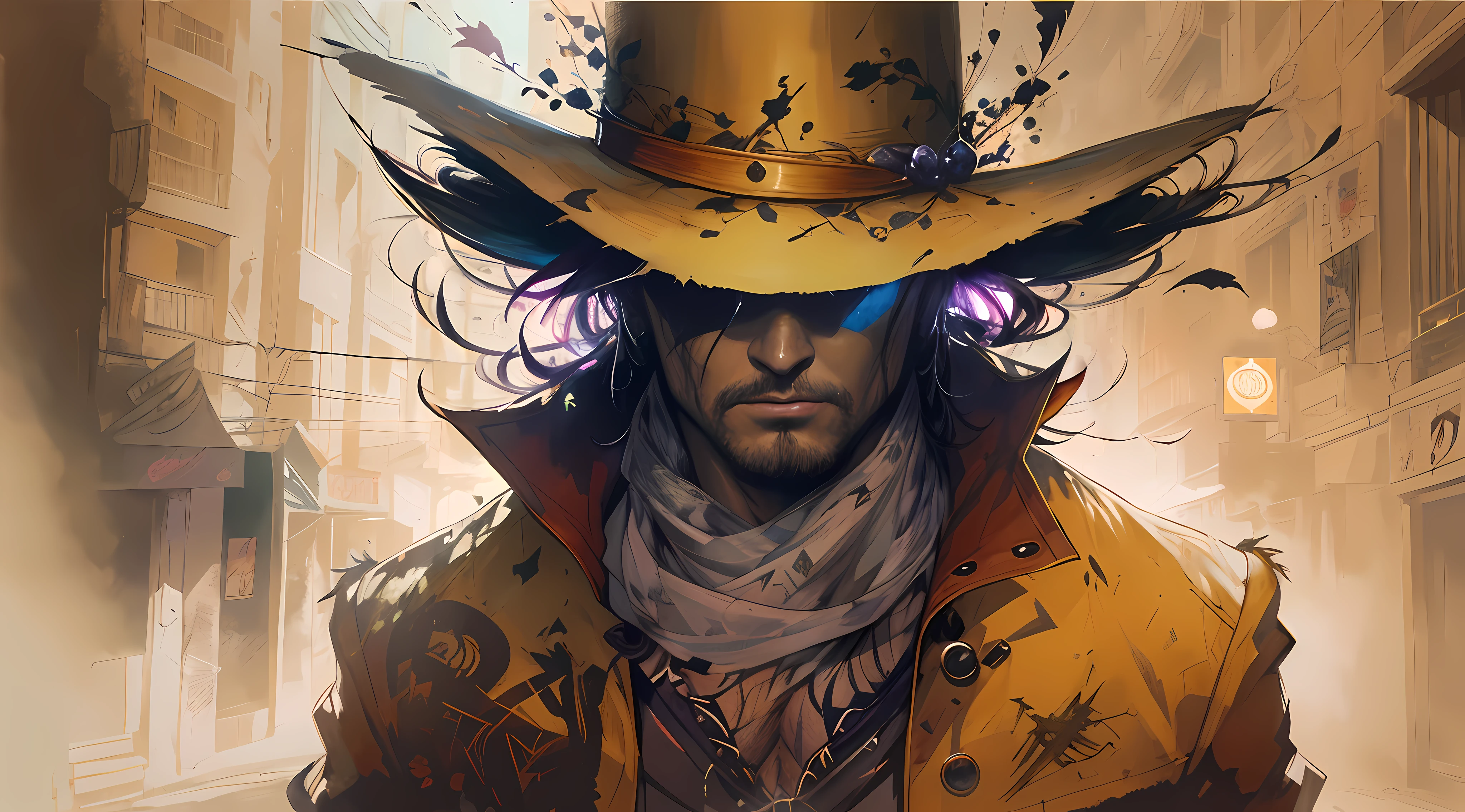 personagem de fantasia (((macho))) Vaqueiro, hat covering eyes (((dourado))), fundo noturno, Spectral scenario with demonic shadows, Demons in the background, alma, digital illustation, Estilo Western Noir Comics, anatomia perfeita, Centrado, zoom perfeito, Dynamic, altamente detalhado, pintura em aquarela, Arte Sazonal, arte conceitual, macio, foco nítido, illustration, arte de Carne Griffiths e Wadim Kashin