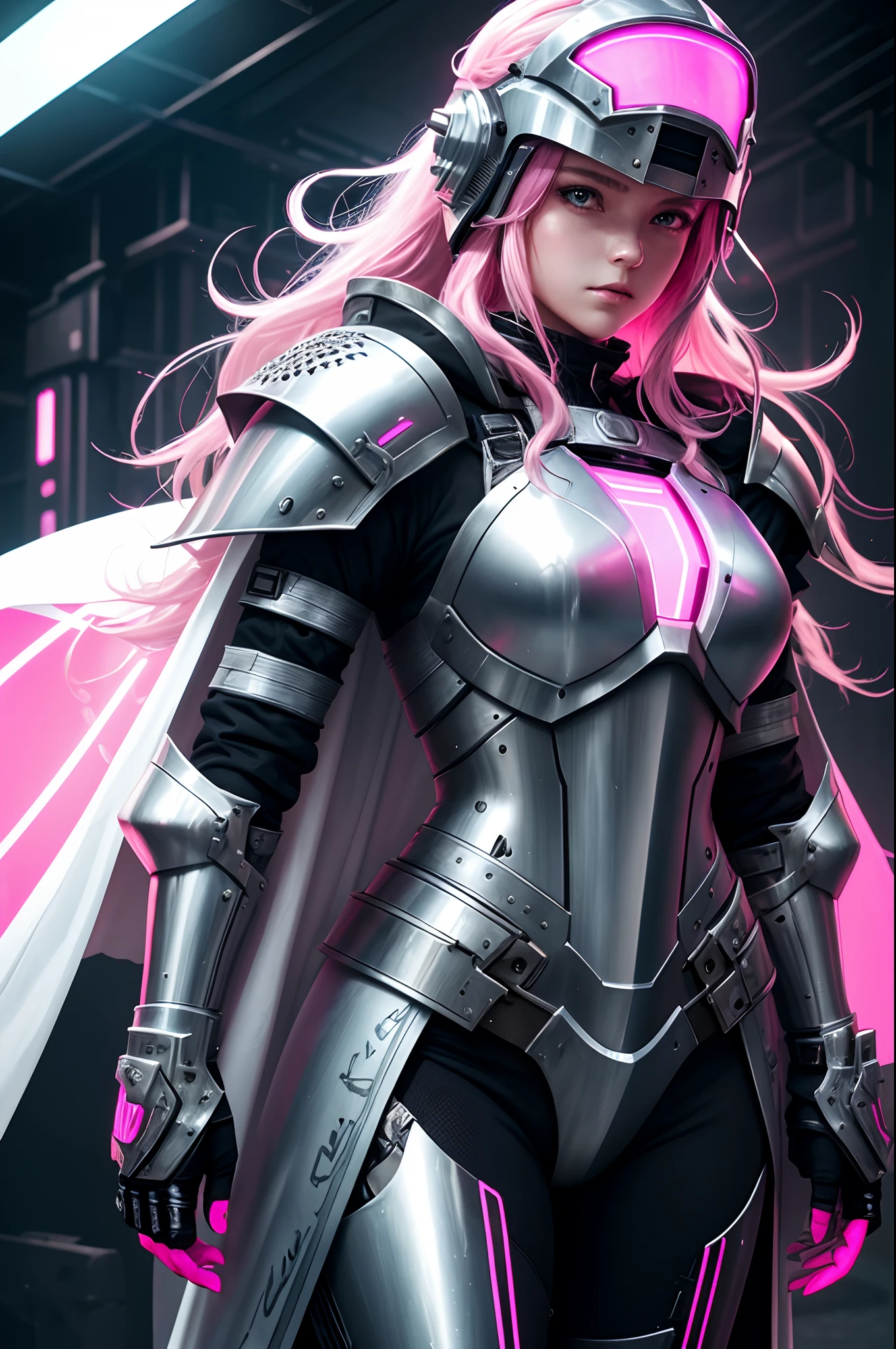 Girl in metal knightly armor and a cyberpunk helmet, pink long hair, white cloak, glowing neon, Mixing styles, higly detailed, Realistic full-length photo