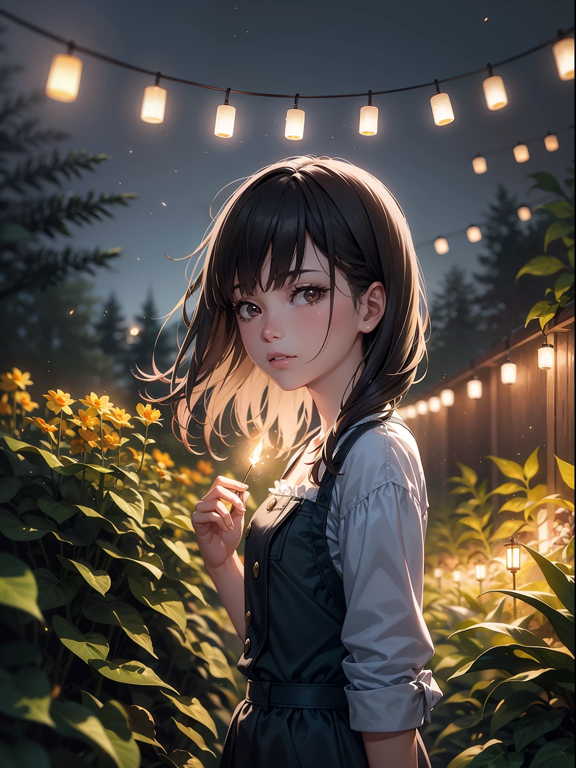 realistic, photorealistic, super detail, one girl, wide angle of view, firefly garden, lots of small faint light and fireflies flying around, night, 24K UHD