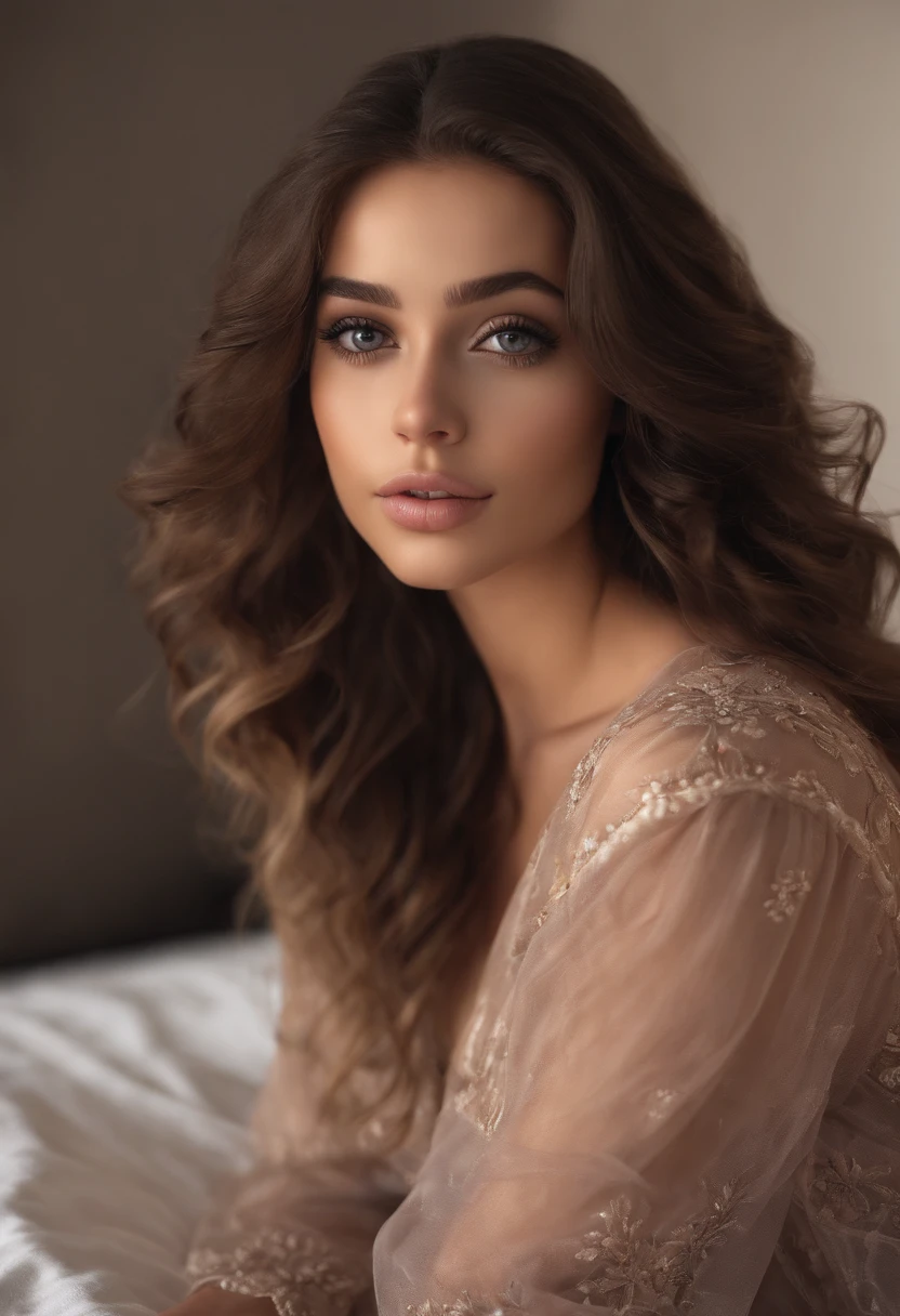 fully arafed woman, sexy girl with brown eyes, ultra realistic, meticulously detailed, portrait of sophie mudd, black curly hair and big eyes, selfie of a young woman, dubai eyes, violet myers, no makeup, natural makeup, looking directly at camera, face with artgram, subtle makeup, stunning full body photo kneeling on bed, in bedroom, medium to large size bust