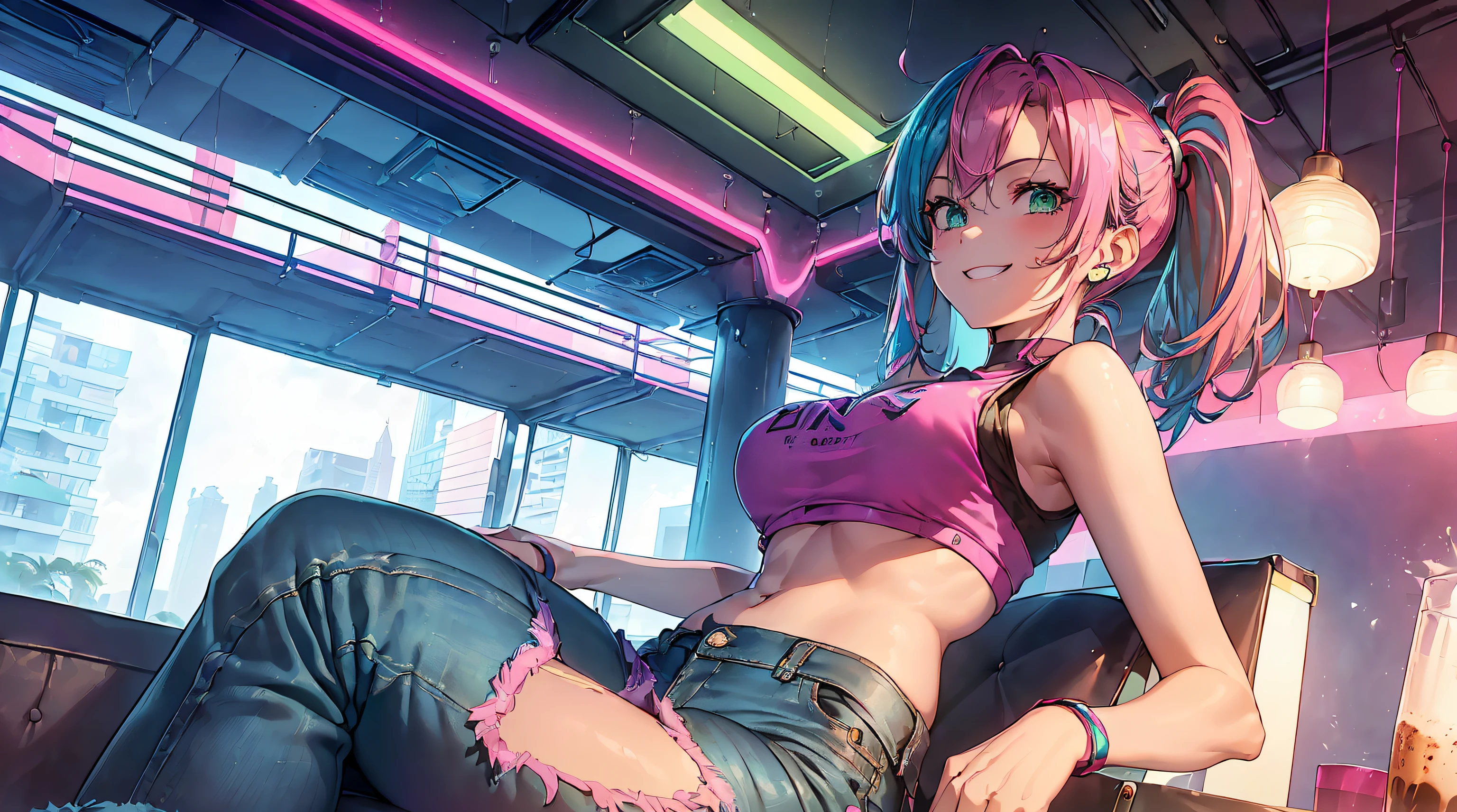 Hiten_kei style, oil painting, rough style, desert, neon light signage, cyberpunk, cactus, (1girl), extreme detailed, highest detailed, unity 8k wallpaper, ultra detailed, masterpiece, best quality, topless, nipples, stomach, helmet, goggles, latex pants, barechests, waist pouch, salmon pink hair, ponytail, long hair, smiling, small breasts, arm strap, motorcycle, wet body, open mouth, armpit, upper teeth visible, cowboy shot