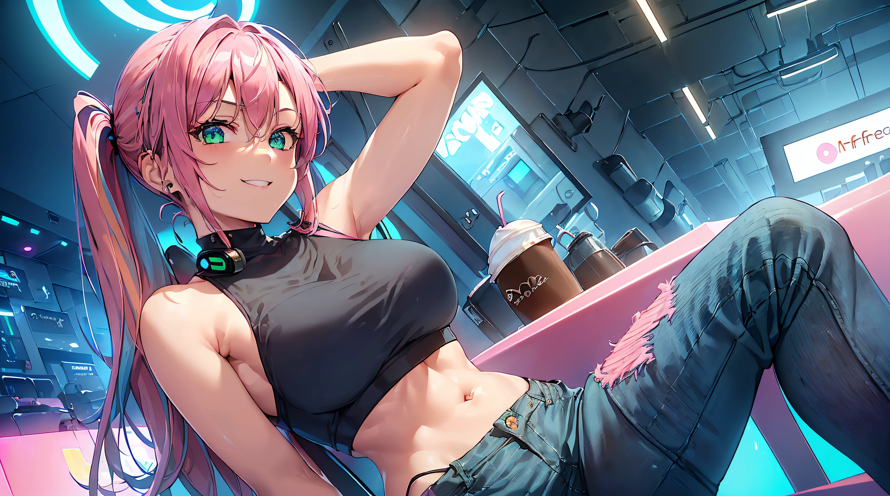 masterpiece, 1girl ((20year old, crop top shirt, tight blue jeans, medium breasts, multi-color pink hair, twin ponytails, green eyes, flirting, happy, big smile, looking into camera, headphones, sitting and drinking coffee alone in a modern futuristic coffee shop, futuristic and energetic atmosphere)) ((nighttime)) ((solo))