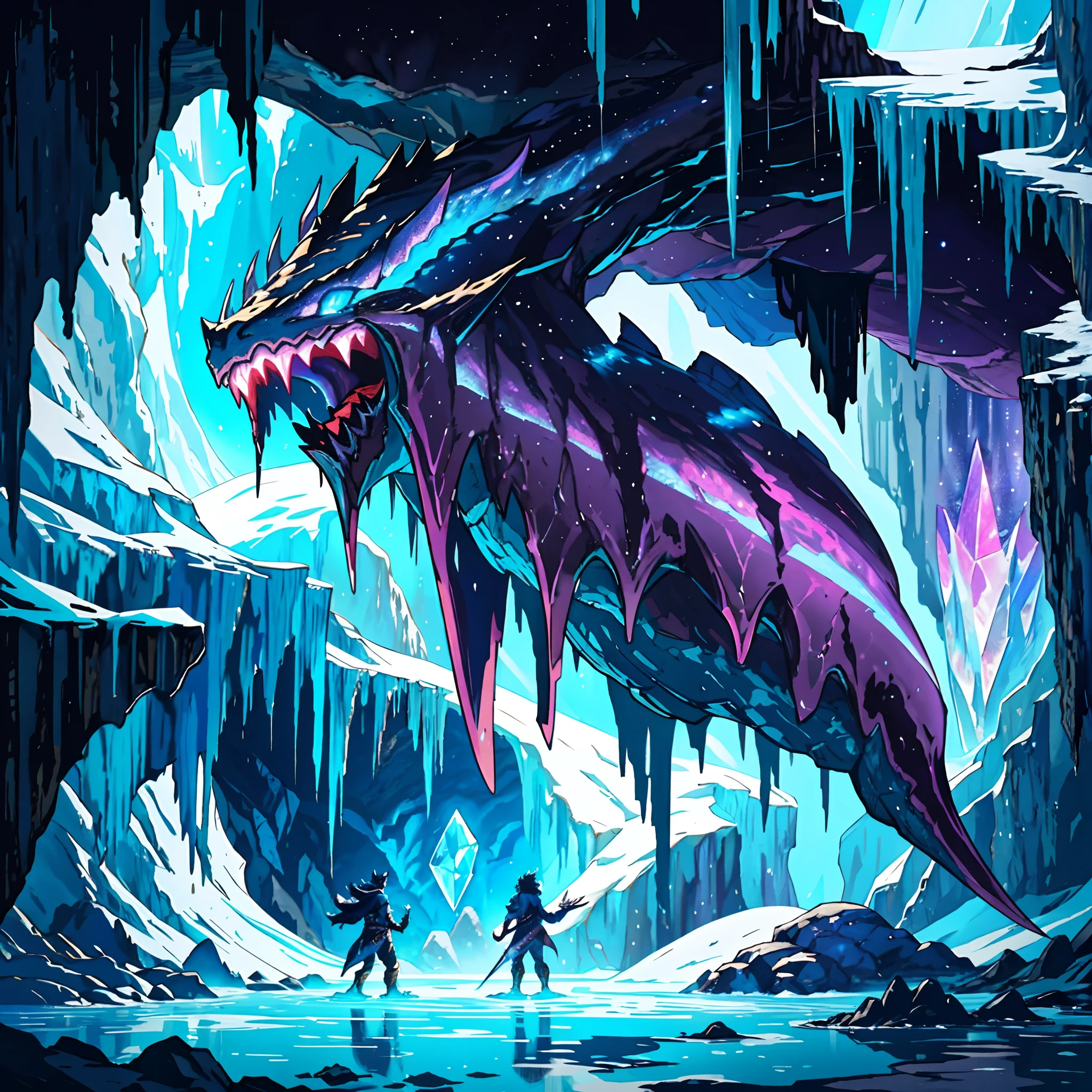 there is a painting of a dragon in a cave, in an icy cavern, concept piece, underwater crystal caverns, vast ice dungeon, watery caverns, mana flowing around it, mythical gigantic space cavern, fractal thunder dan mumford, soul reaver, glowing crystal cave, luminous water elemental, concept art magical highlight, an ominous fantasy illustration