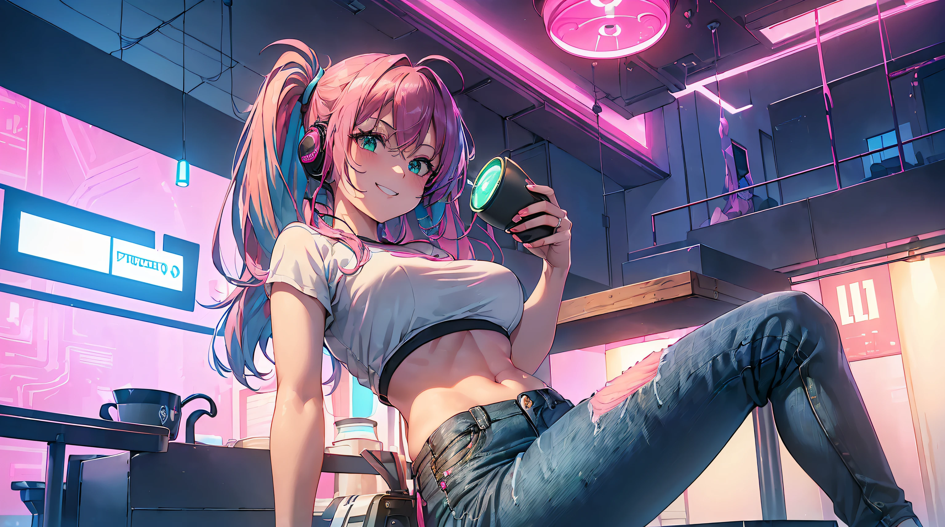 ​masterpiece, 1girl ((20year old, crop top shirt, tight blue jeans, medium breasts, multi-color pink hair, twin ponytails, green eyes, flirting, happy, big smile, looking into camera, headphones, sitting and drinking coffee alone in a modern futuristic coffee shop, futuristic and energetic atmosphere)) ((nighttime)) ((solo))