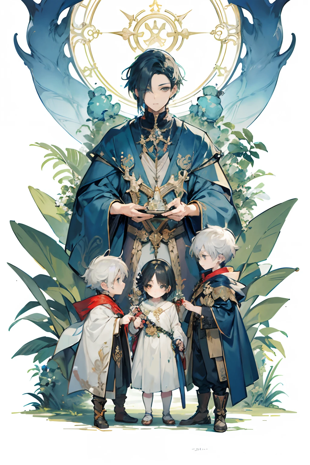 a picture of a group of people standing next to each other, official art, coronation of the flower prince, official anime artwork, high detailed official artwork, anime fantasy illustration, shigenori soejima illustration, official artwork, official fanart, artwork in the style of guweiz, official illustration, the flower prince, three little boys are standing behind a man dressed in blue clothing with a  scales on his chest, multiple boys, black hair, robe, white hair, holding, 3boys, short hair